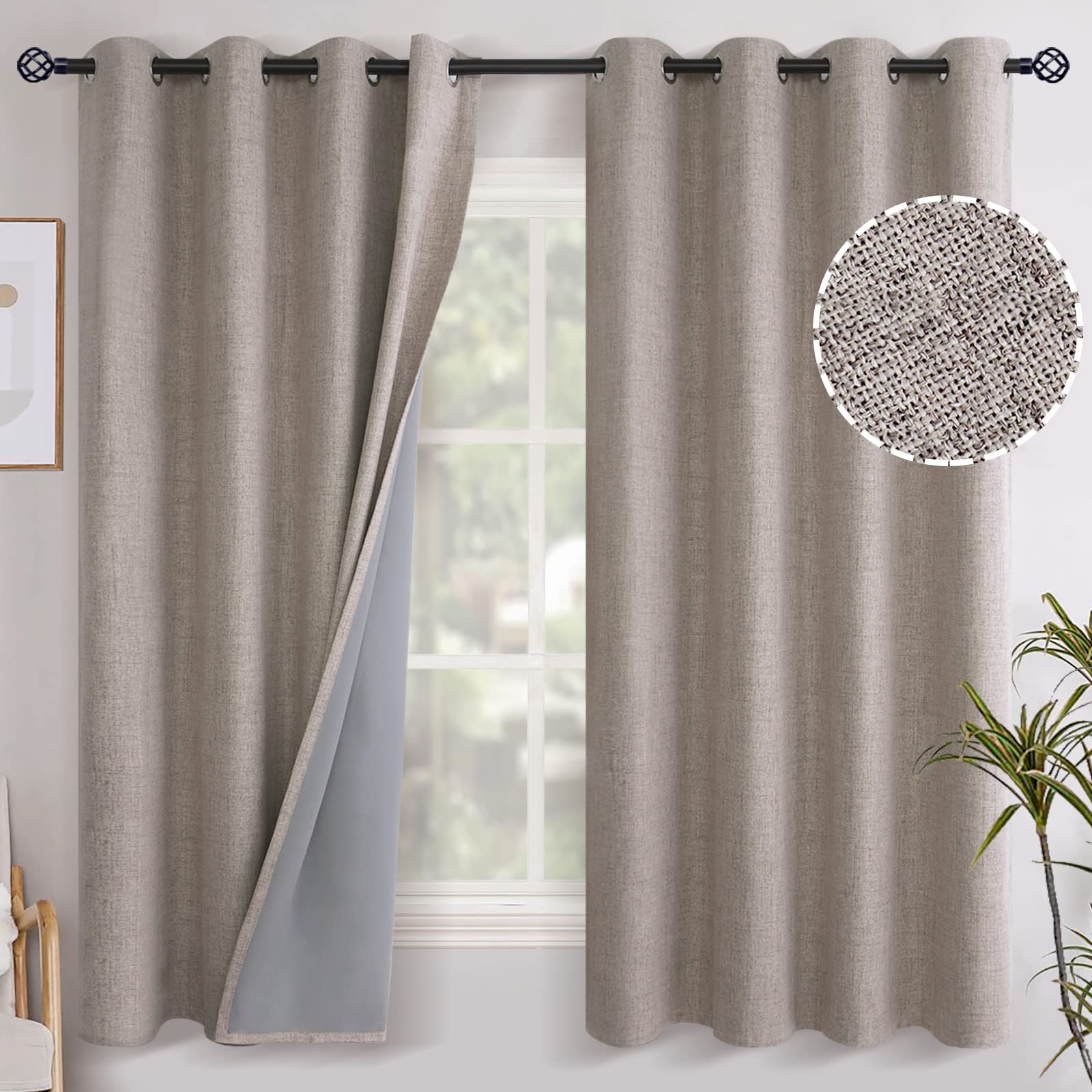 YoungsTex Linen Blackout Curtains 63 Inch Length for Bedroom, Room Darkening Window Drapes with Grommet Thermal Insulated Black Out Blinds for Living Room, 2 Panels, 52 X 63 Inch, Beige
