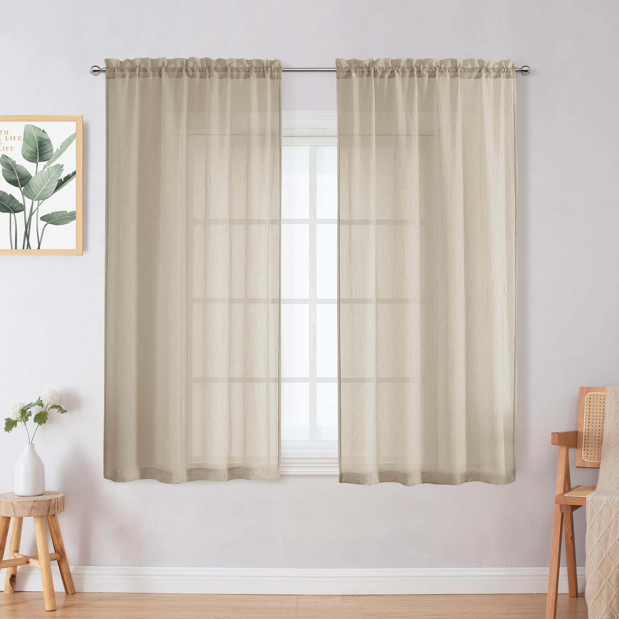 Chyhomenyc Crushed Sheer White Curtains 84 Inch Length 2 Panels, Light Filtering Solid Crinkle Voile Lightweight Textured Sheer Curtian for Bedroom, Each 42Wx84L Inches
