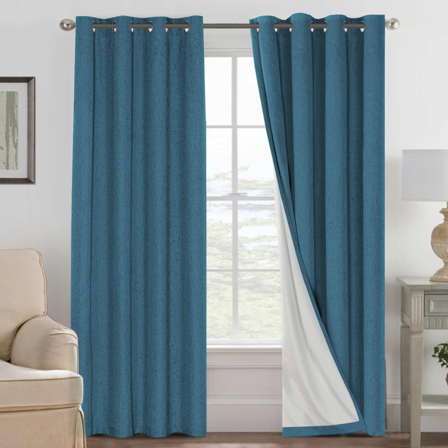 H.VERSAILTEX 100% Blackout Curtains Ivory, Linen Blackout Curtains 96 inch Curtains 2 Panel Set, Elegant Curtain for Bedroom Grommet Drapes for Living Room