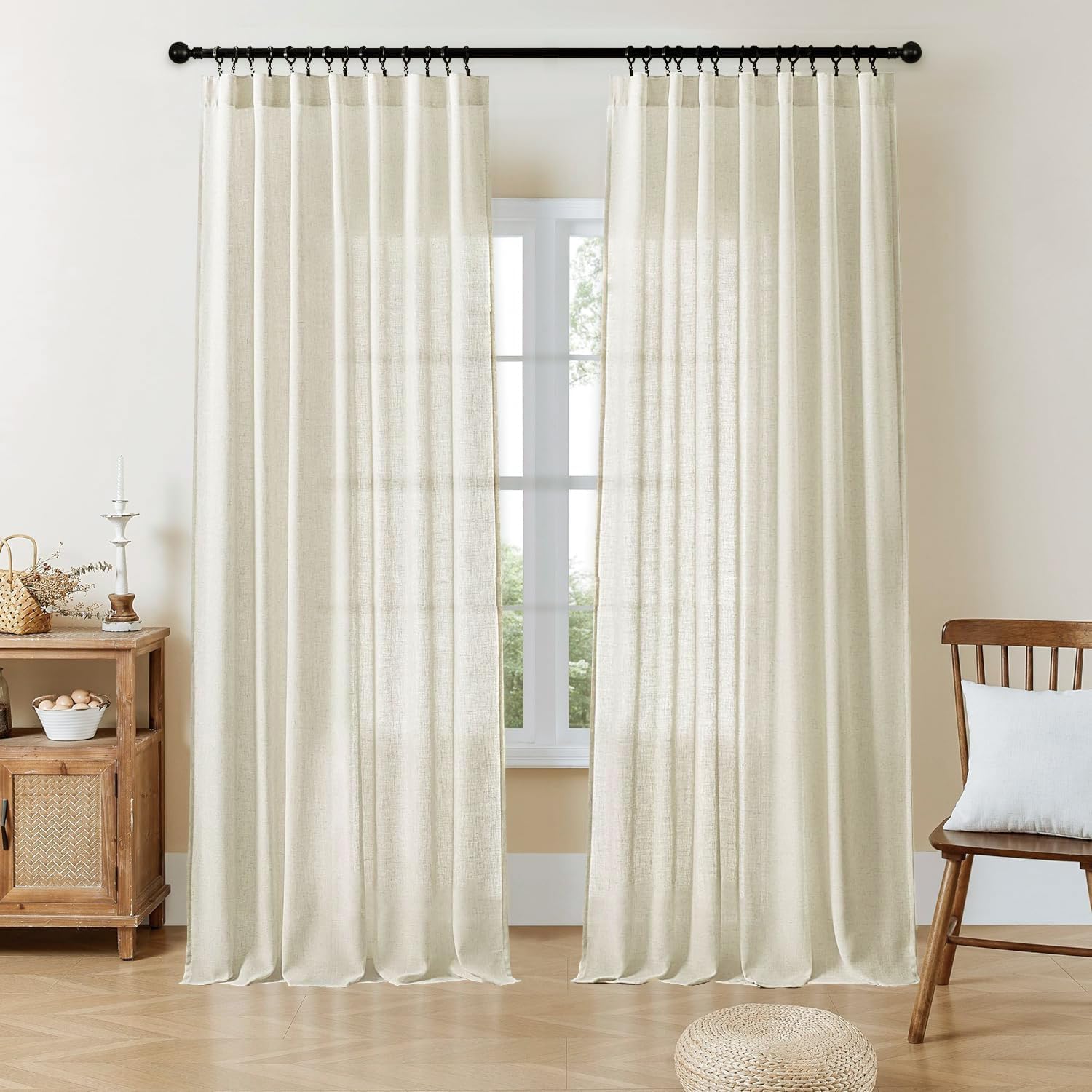 Joydeco Curtains, 108 Inches Long, 2 Panels Set, Farmhouse Drapes for Living Room, Semi-Blackout, Linen-Polyester, Ivory on Linen, Rod Pocket