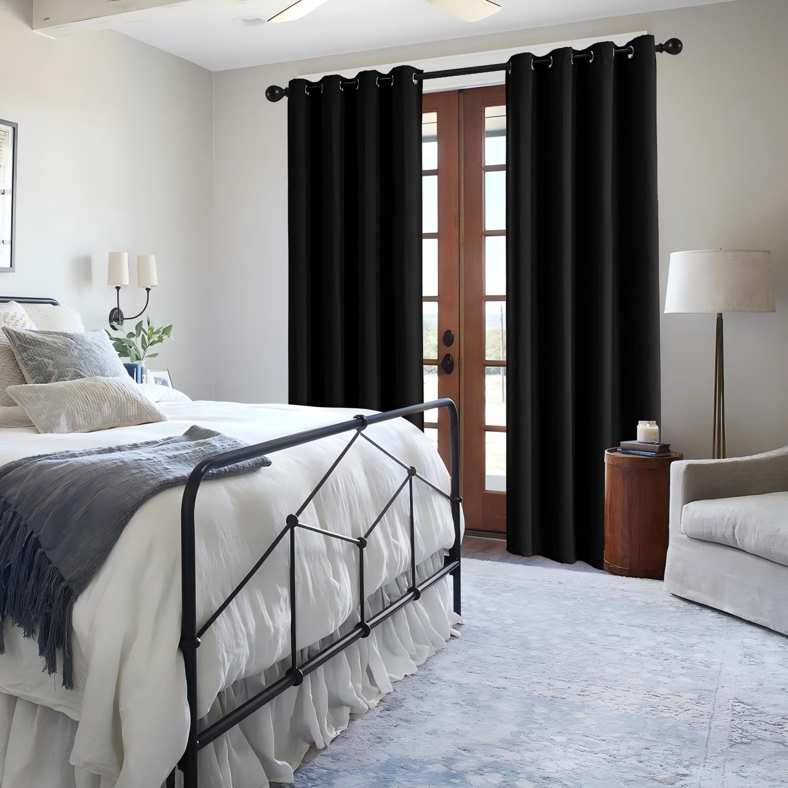 IGEMAEVE Black 100% Blackout Curtains 84 Inch Length 2 Panels Set, Black Out Curtains for Bedroom 84 Inch Long, Rod Pocket Energy Saving Room Darkening Drapes for Living Room Dining Room Window
