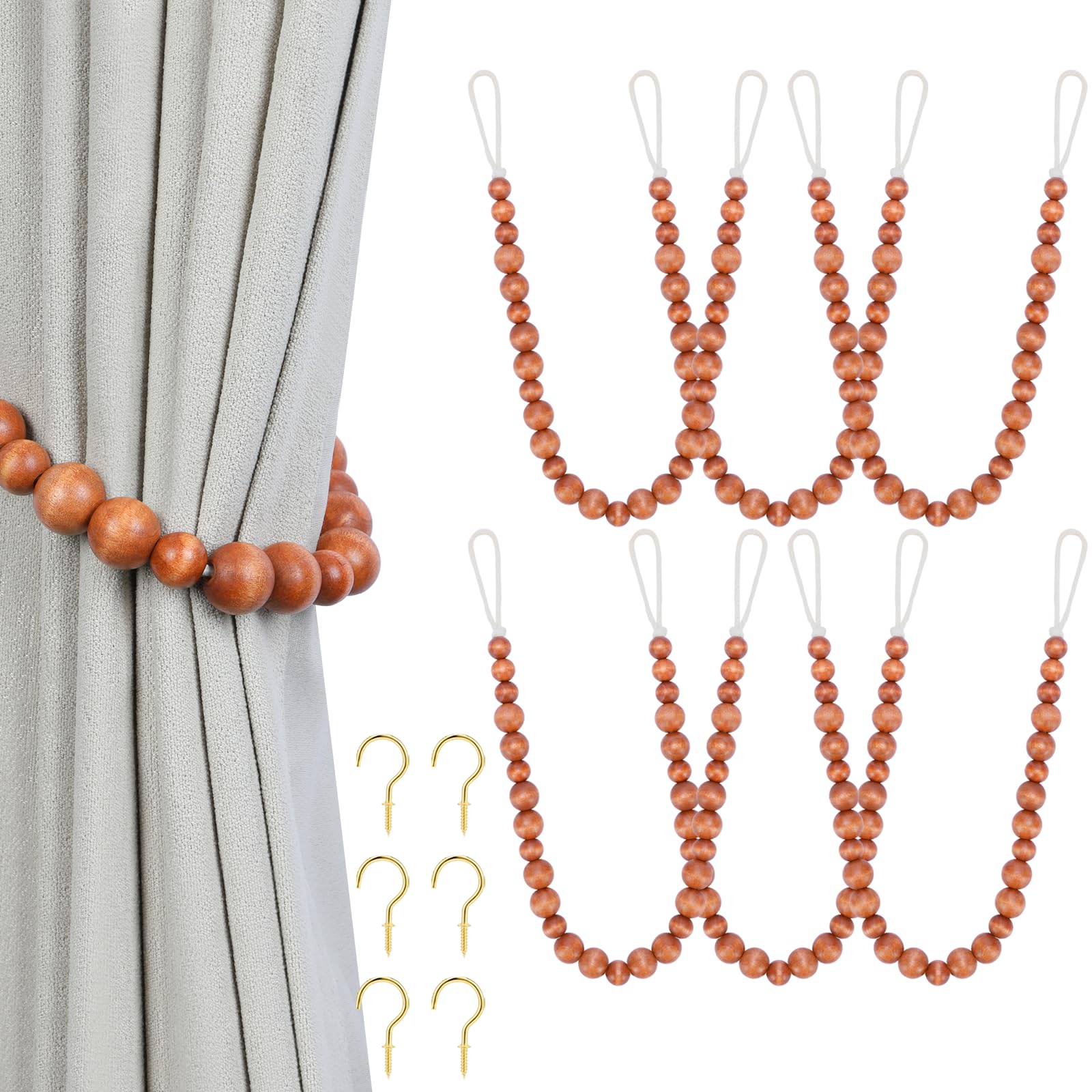 Wood Bead Curtain Tiebacks, KLOGTSIND Set of 2 Curtain Holdbacks for Thin or Thick Window Draperies, Boho Farmhouse Curtain Tiebacks with Hooks, Curtain Tie Backs for Home Office Room Decor