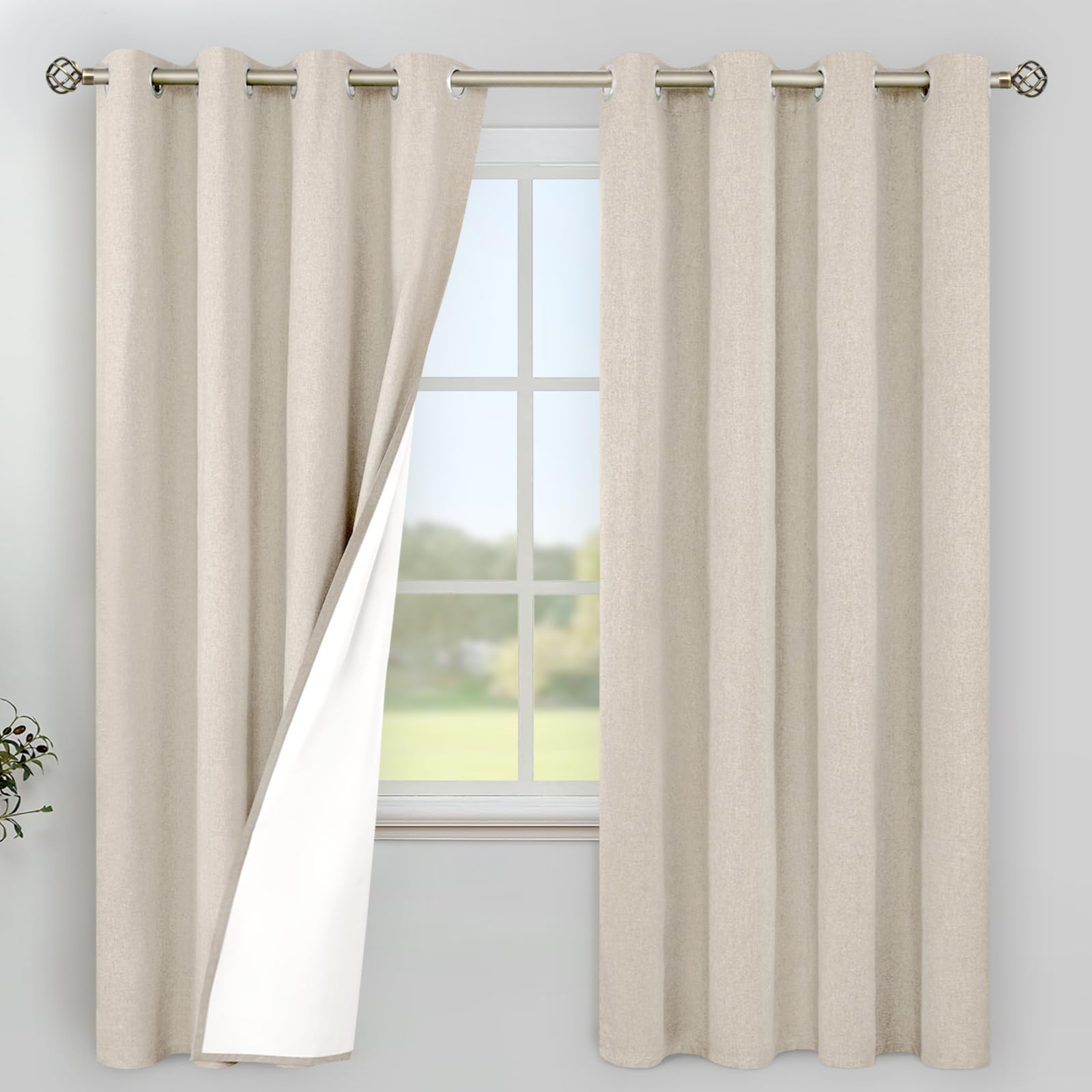 YoungsTex Linen Blackout Curtains 63 Inches Long for Bedroom, Room Darkening Window Drapes with Grommet Thermal Insulated Black Out for Living Room, 2 Panels, 52 X 63 Inch