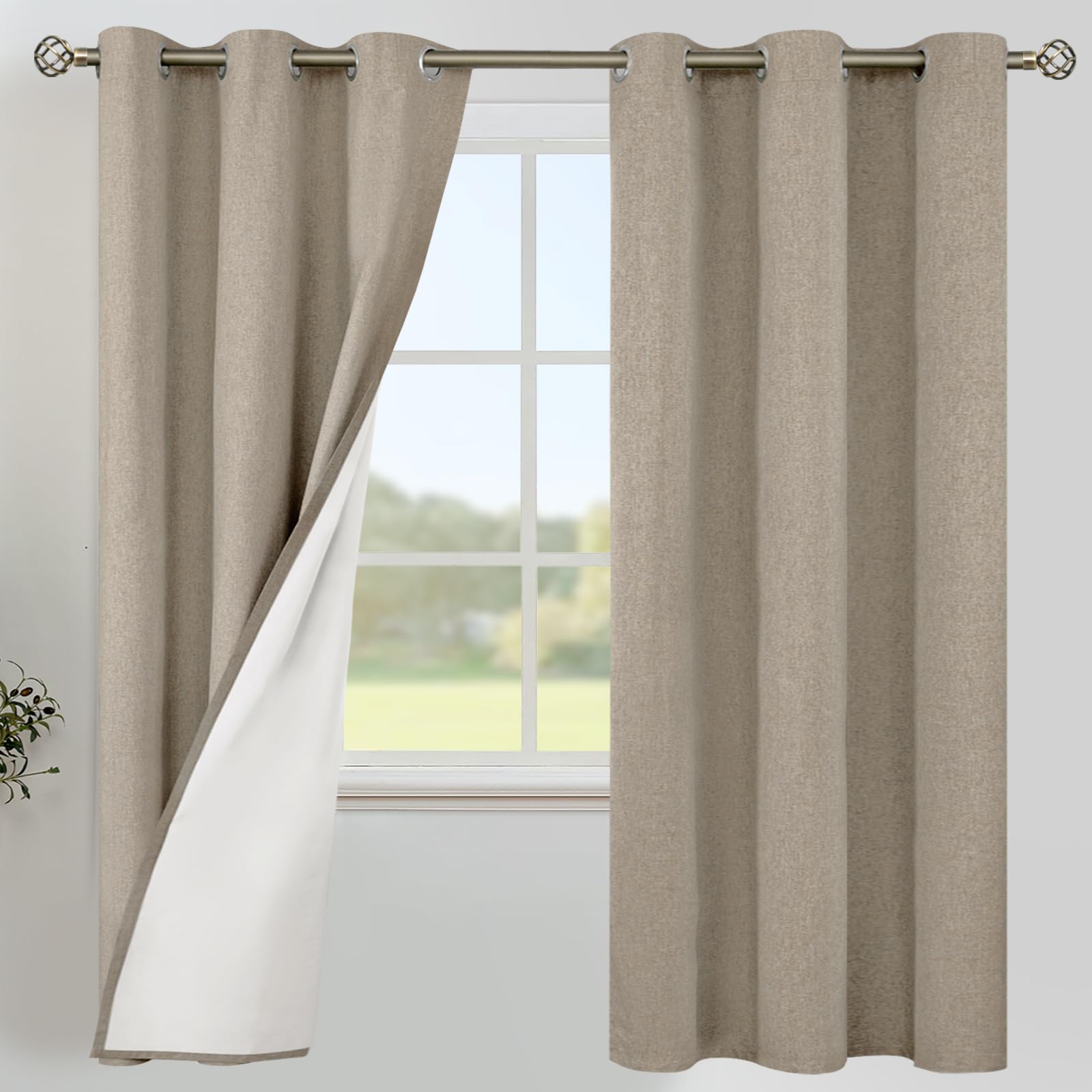 YoungsTex Linen Blackout Curtains 63 Inches Long for Bedroom, Room Darkening Window Drapes with Grommet Thermal Insulated Black Out for Living Room, 2 Panels, 52 X 63 Inch