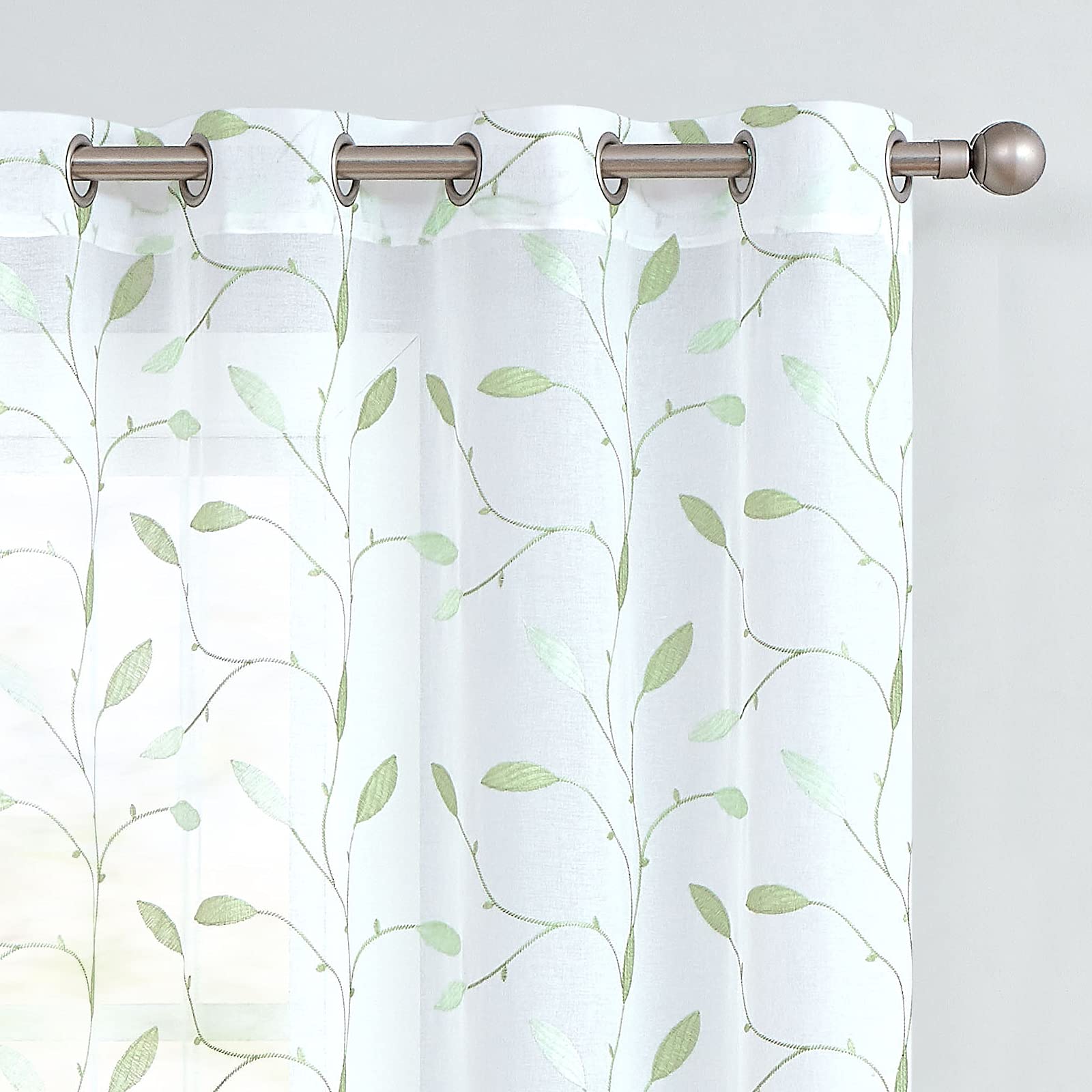 Lazzzy Sheer Curtains Embroidered Floral Leaf Voile Drapes for Bedroom Living Room Back Tabs Window Treatments 2 Panels 84 Inches Green on White