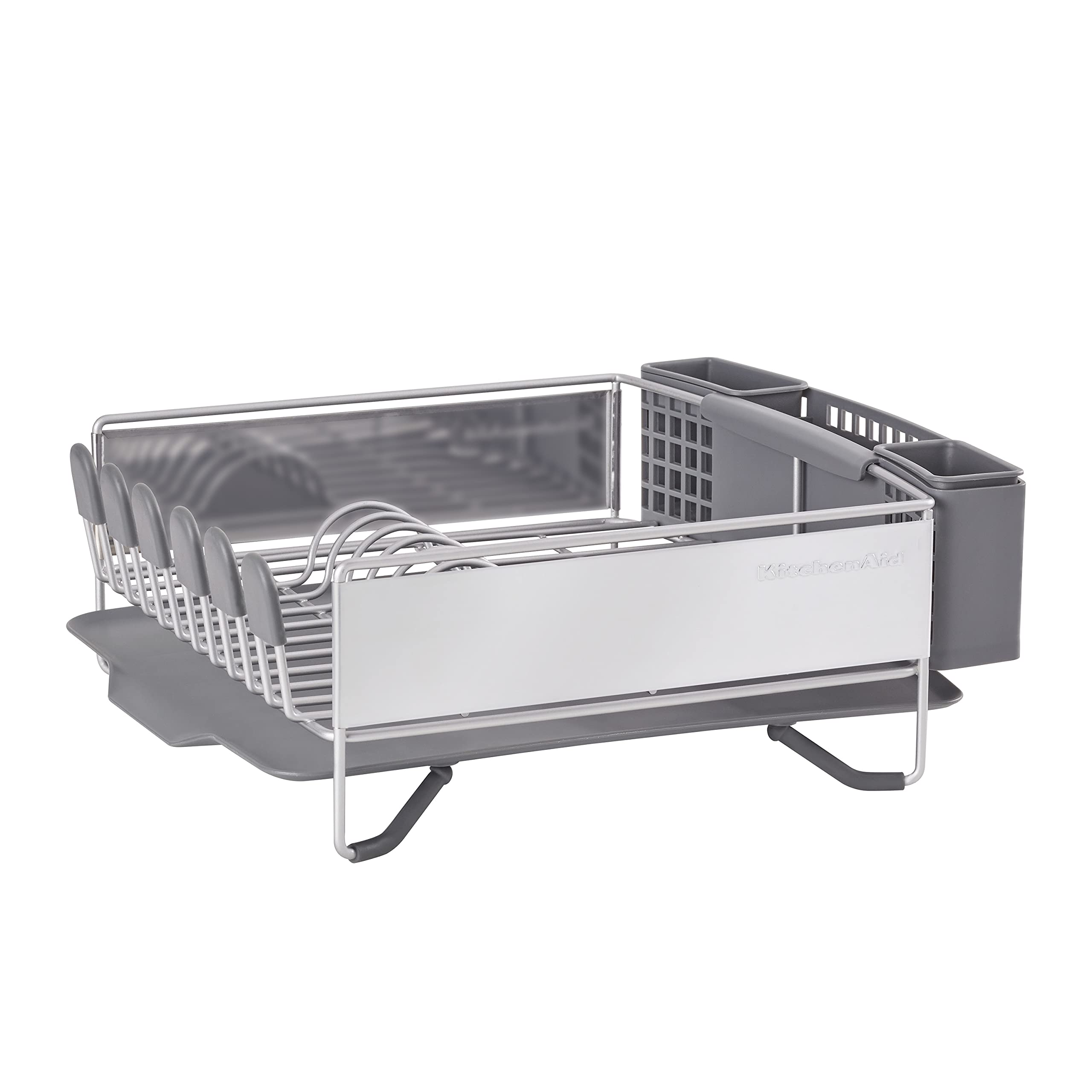 KitchenAid Large Capacity Full Size Rust Resistant Dish Rack with Angled Drain Board and Removable Flatware Caddy, Light Grey