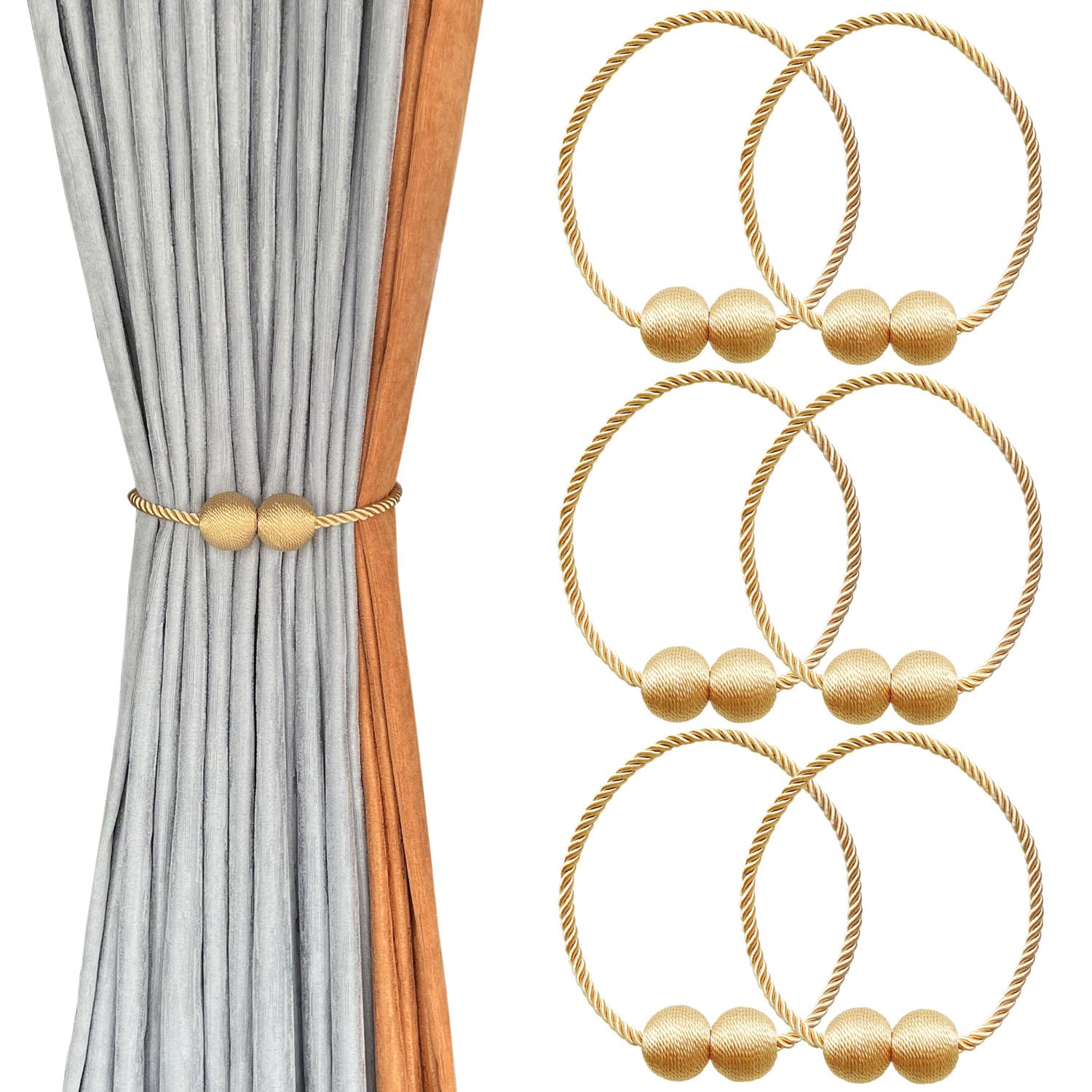 Melaluxe 6 Pack Magnetic Curtain Tiebacks, Decorative Curtain Holdbacks for Window Décor (Grey)