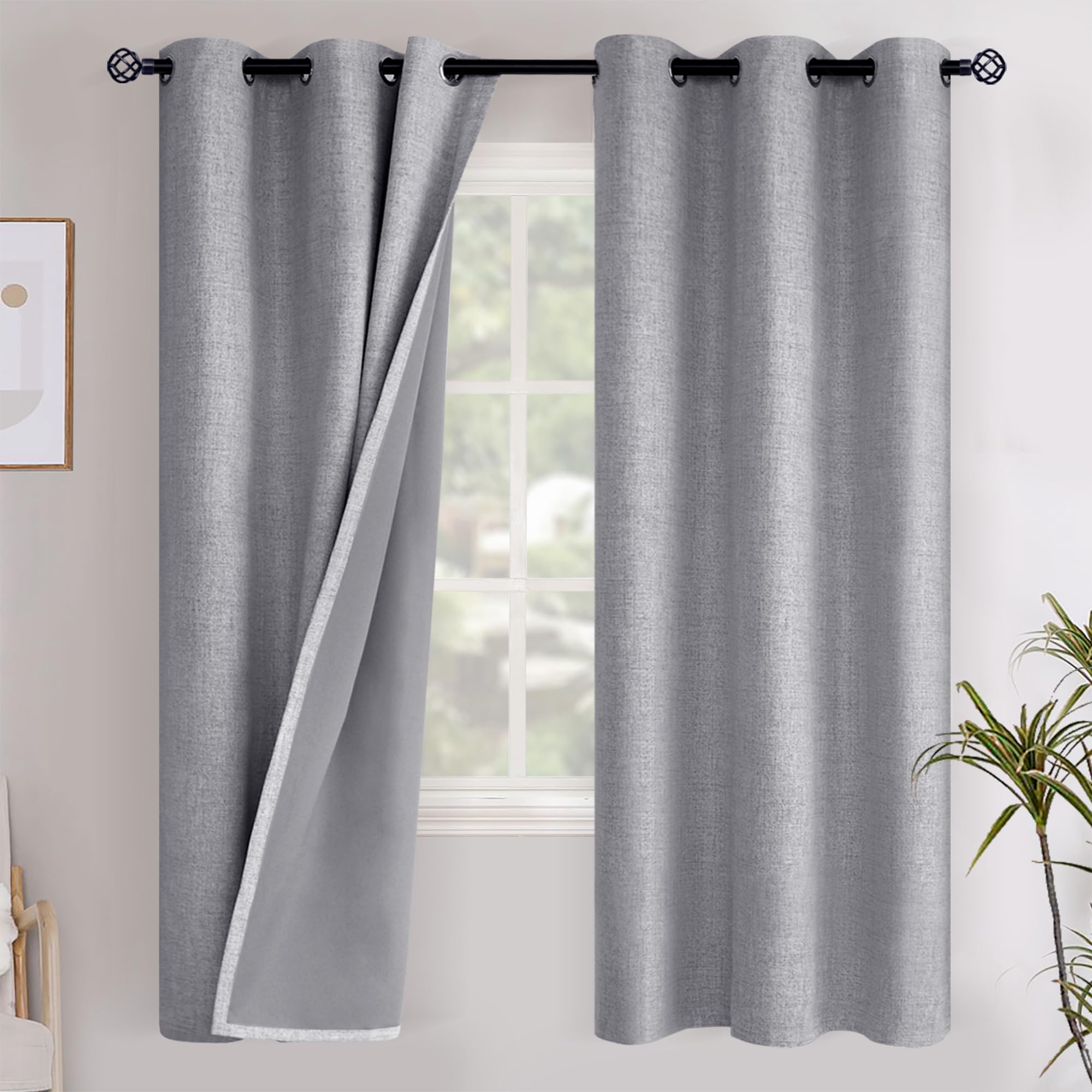 YoungsTex Linen Blackout Curtains 63 Inch Length for Bedroom, Room Darkening Window Drapes with Grommet Thermal Insulated Black Out Blinds for Living Room, 2 Panels, 52 X 63 Inch, Beige