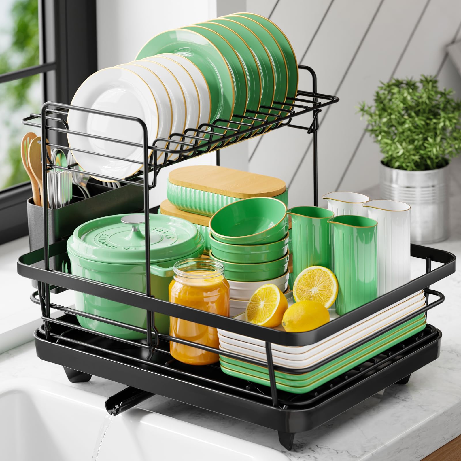 Kitsure Dish Drying Rack for Kitchen Counter, Stainless Steel Sink Organization and Storage Essentials with Cutlery Holder, Home and Appartment Decor, 12''W x 15.5''L, Black