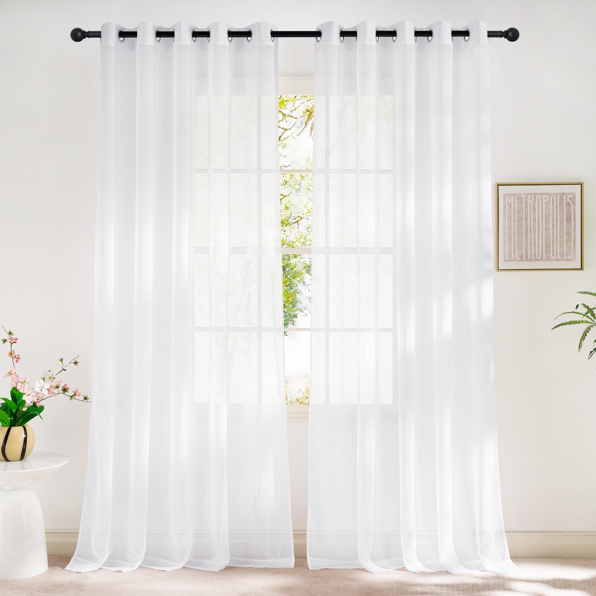 NICETOWN Sheer Curtains Panel 72" Long - Ring Top Window Treatment Sheer Voile Drapes for Bedroom/Living Room (White, Set of 2, W54 x L72)