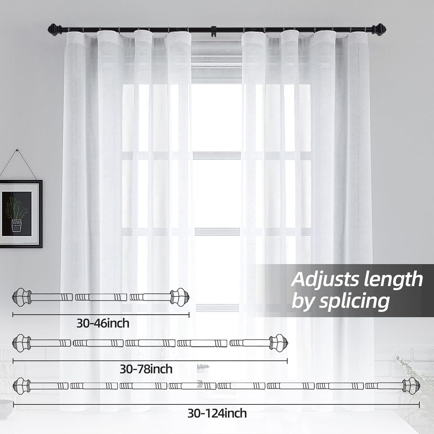 Thestoa Splicing Curtain Rods for Windows 30-46 Inch, 5/8" Diameter Black Curtain Rods 2 pack for Bedroom, Living Room, Outdoor