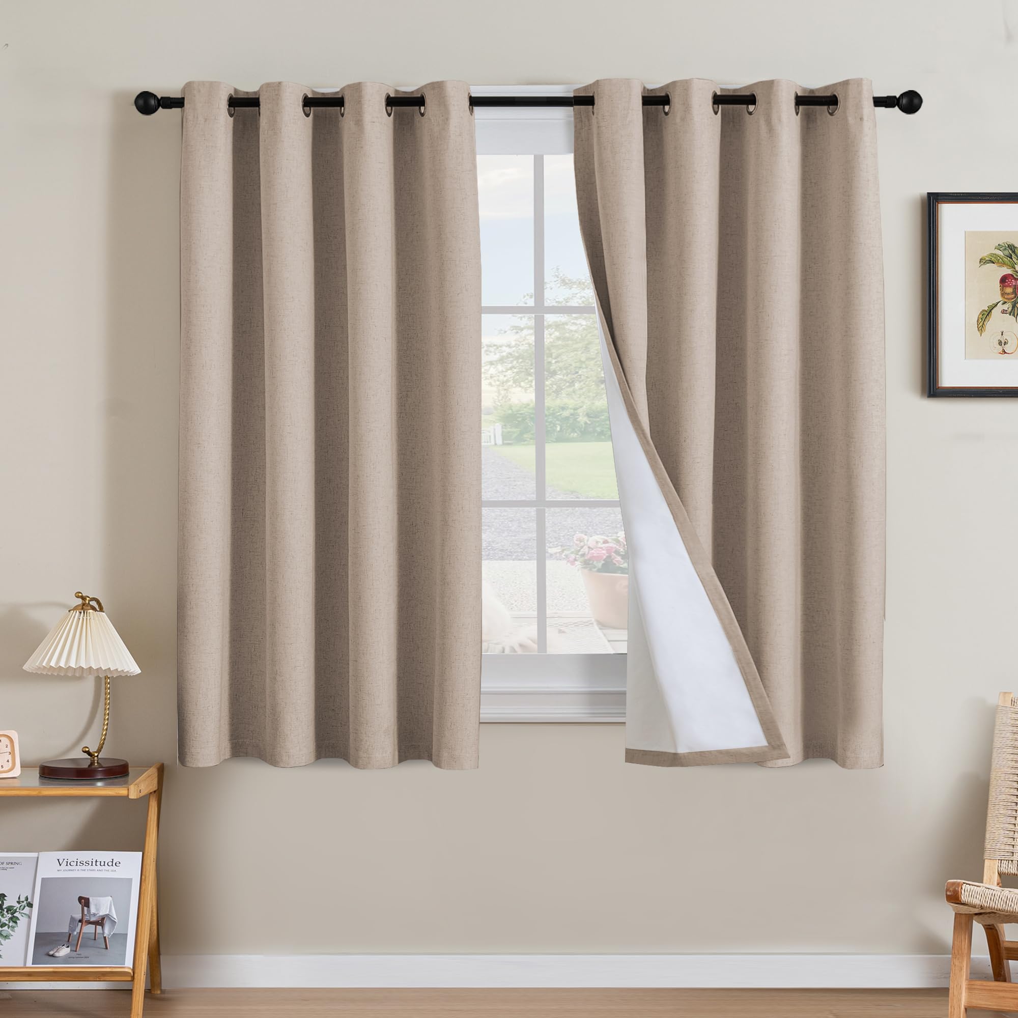 H.VERSAILTEX 100% Blackout Curtains Ivory, Linen Blackout Curtains 96 inch Curtains 2 Panel Set, Elegant Curtain for Bedroom Grommet Drapes for Living Room