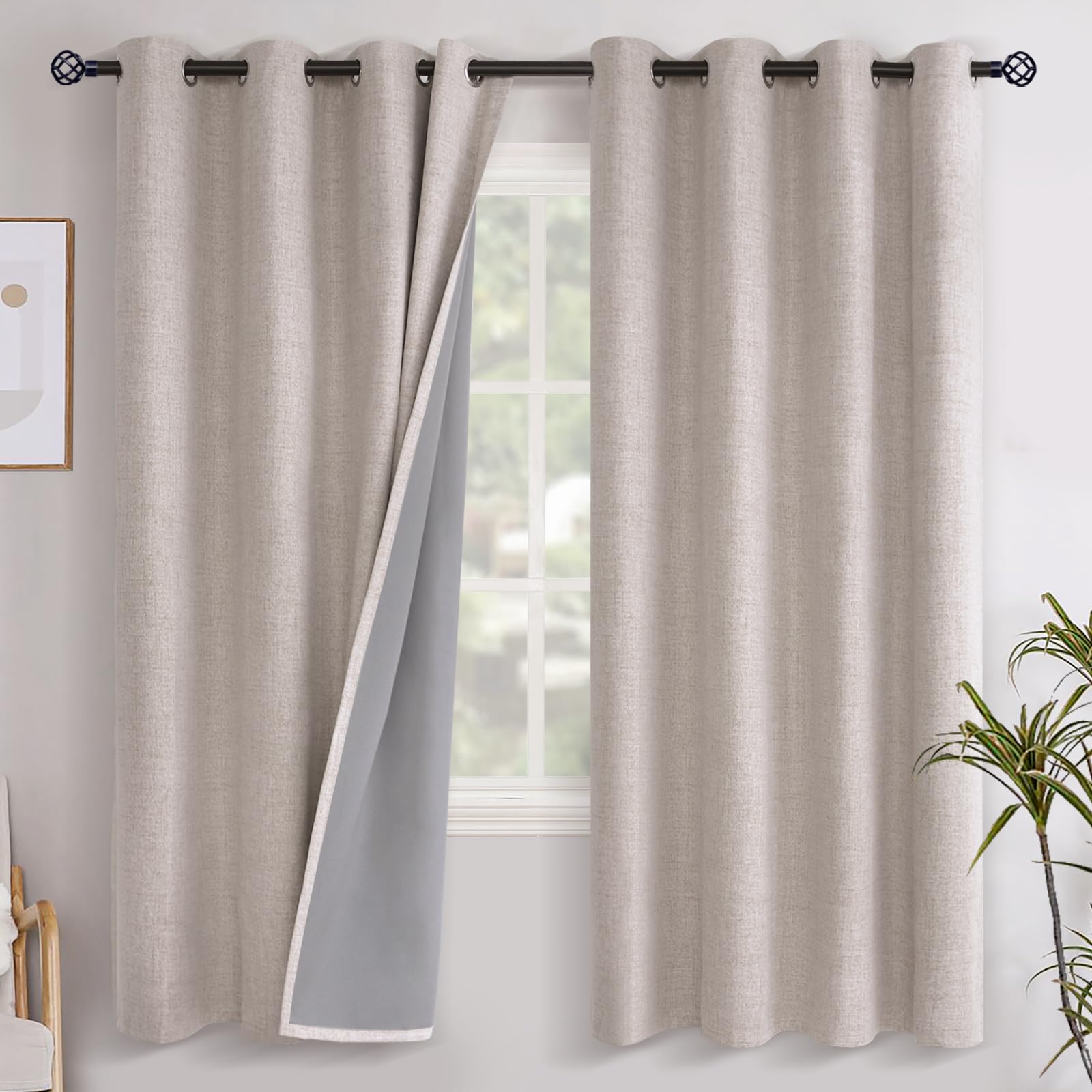 YoungsTex Linen Blackout Curtains 63 Inch Length for Bedroom, Room Darkening Window Drapes with Grommet Thermal Insulated Black Out Blinds for Living Room, 2 Panels, 52 X 63 Inch, Beige