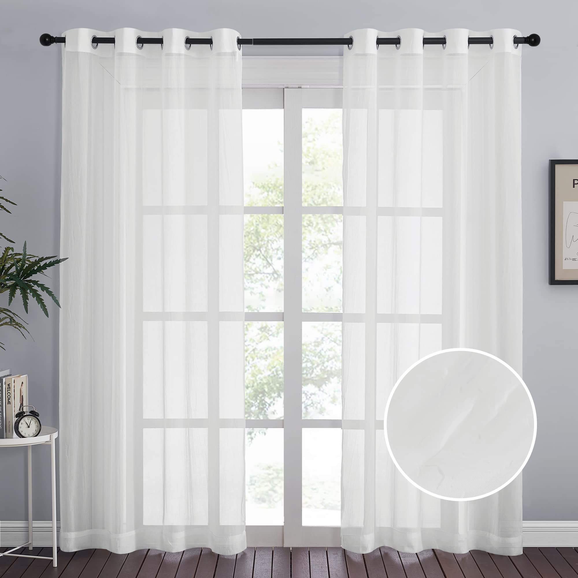 NICETOWN Crushed Voile Sheer Curtains for Big Windows, Grommet Top Crinkled Sheer Voile Window Treatment Light and Airy Drapes for Parlor/Porch (Set of 2, 52" Width x 95" Length, White)