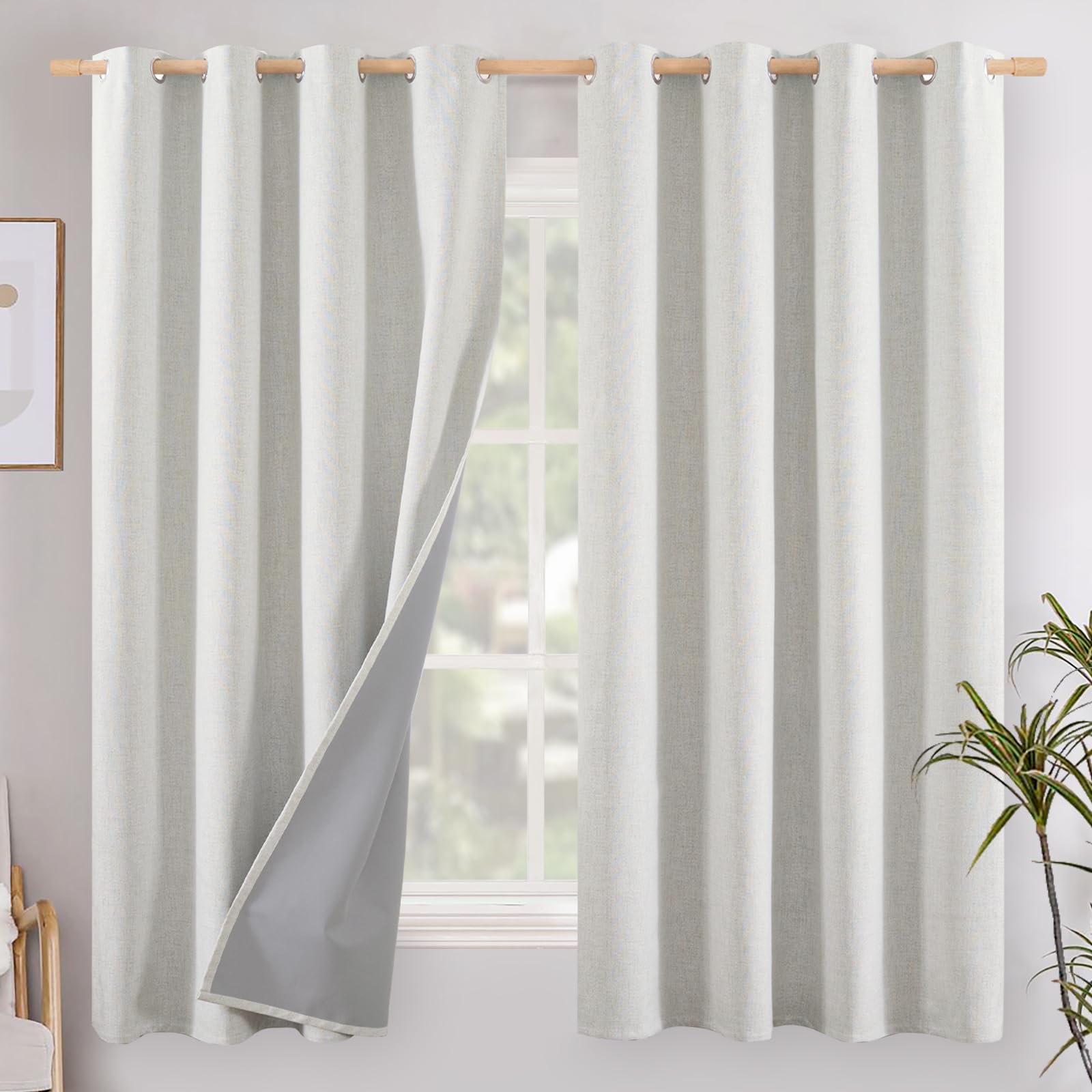 YoungsTex Linen Blackout Curtains 63 Inch Length for Bedroom, Room Darkening Window Drapes with Grommet Thermal Insulated Black Out Blinds for Living Room, 2 Panels, 52 X 63 Inch, Beige