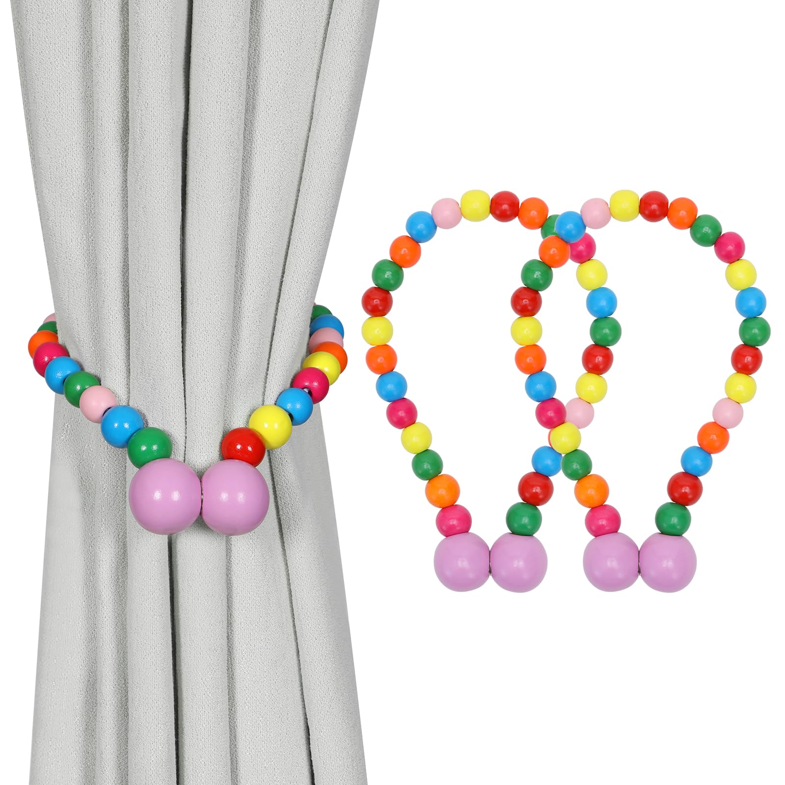 KLOGTSIND Magnetic Curtain Tiebacks, Curtain Holdbacks for Curtains 2 Pack, Wood Bead Curtain Holders for Boho Bedroom Decor, Baby Nursery Decor, Farmhouse Decor