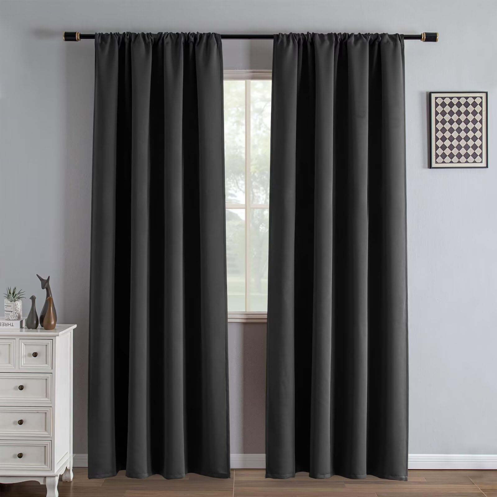 IGEMAEVE Black 100% Blackout Curtains 84 Inch Length 2 Panels Set, Black Out Curtains for Bedroom 84 Inch Long, Rod Pocket Energy Saving Room Darkening Drapes for Living Room Dining Room Window