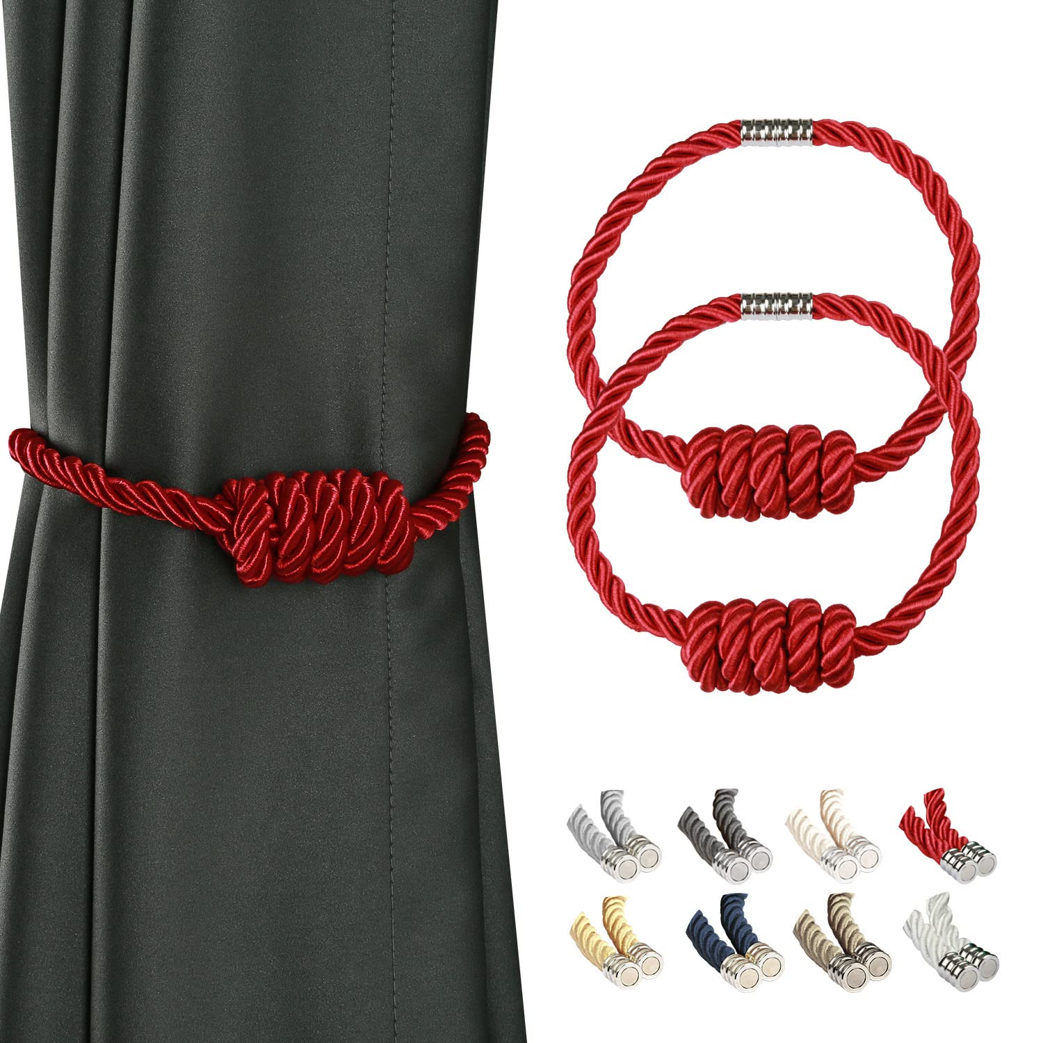 BEL AVENIR Magnetic Jute Curtain Tiebacks, Decorative Drapery Holdbacks Bohemian Style Woven Tie-Backs with Exquisite Knot (Jute, 2 Pack)