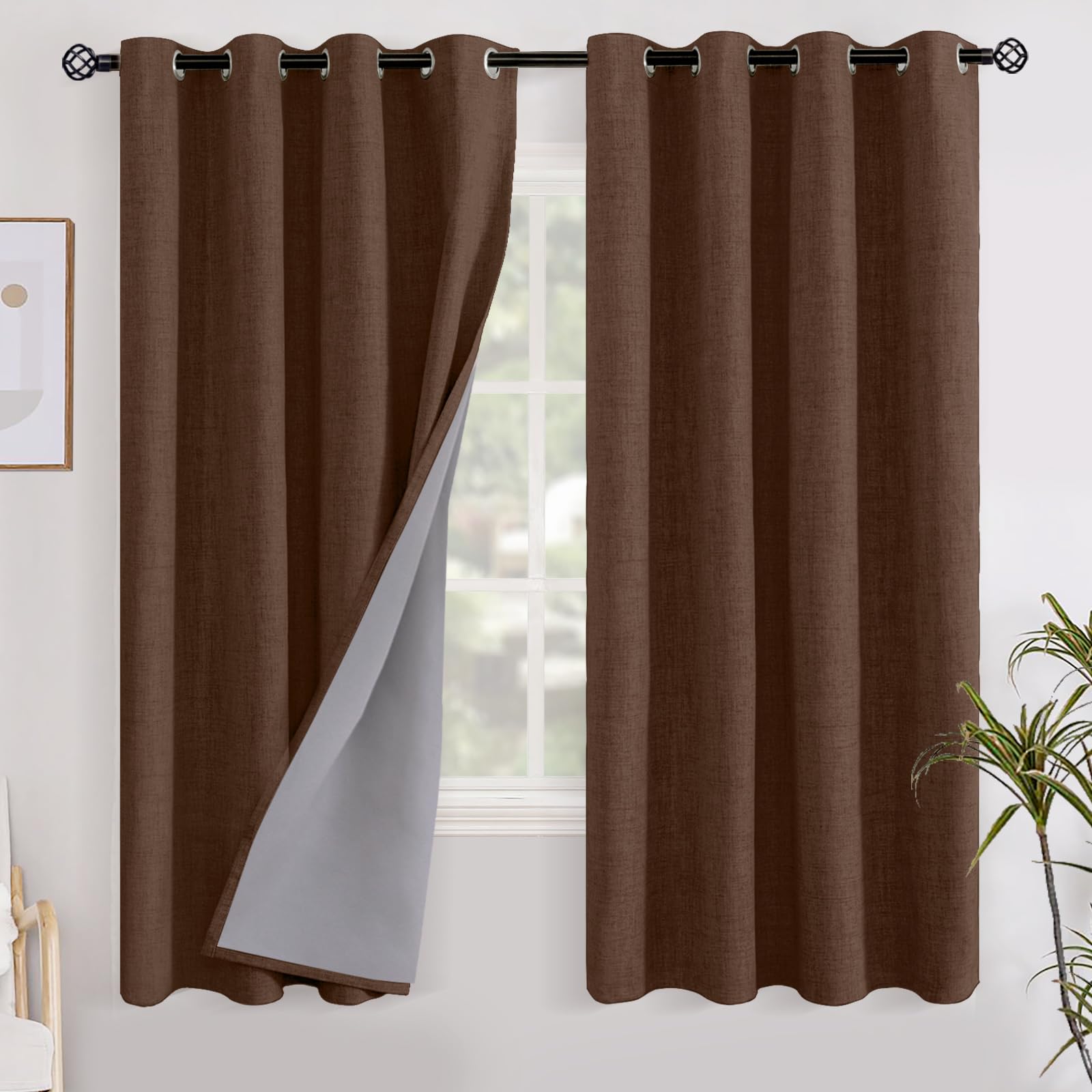 YoungsTex Linen Blackout Curtains 63 Inch Length for Bedroom, Room Darkening Window Drapes with Grommet Thermal Insulated Black Out Blinds for Living Room, 2 Panels, 52 X 63 Inch, Beige