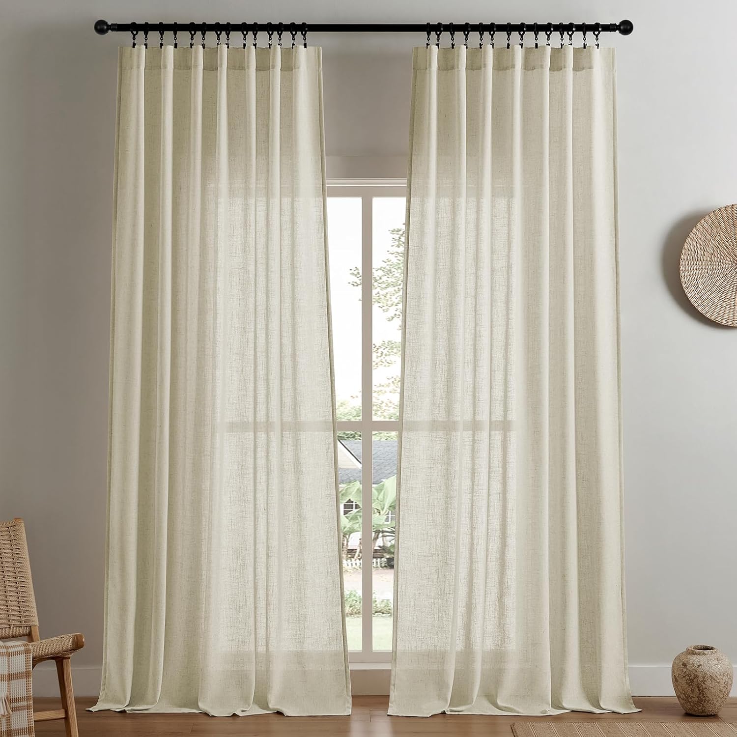 Joydeco Curtains, 108 Inches Long, 2 Panels Set, Farmhouse Drapes for Living Room, Semi-Blackout, Linen-Polyester, Ivory on Linen, Rod Pocket