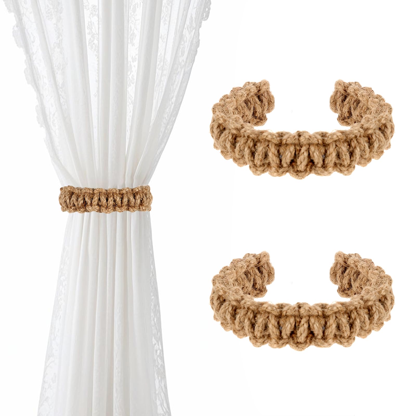 Ptwola 4 Pack Braided Curtain Tiebacks Boho Elegant Rustic Curtain Holdbacks Tie Backs Holders Set Simple Light Weight Drapes Decorative Accessories Handmade for Home Office Bedroom Window (4, Linen)