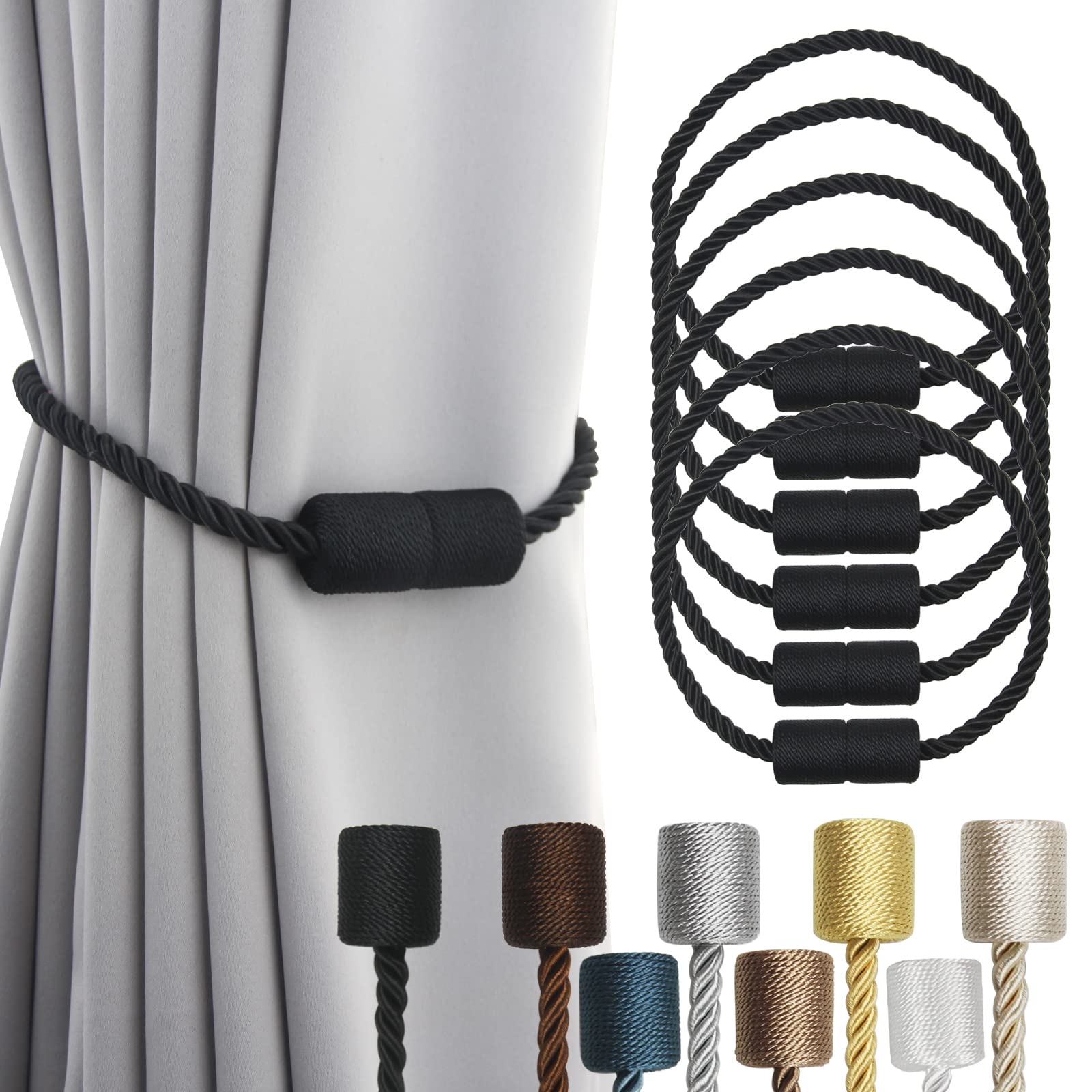 2 Pack Black Magnetic Rope Curtain Tiebacks
