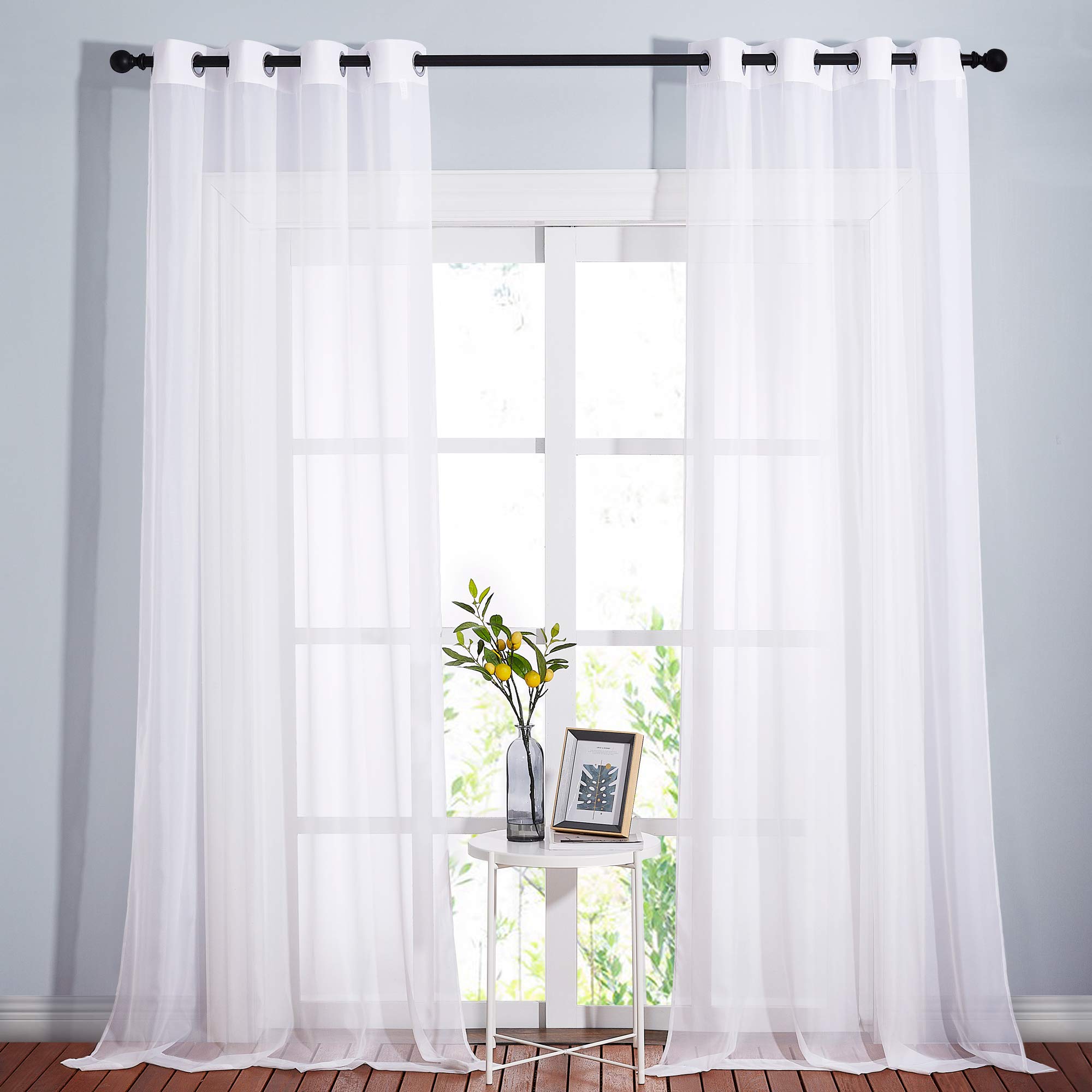 NICETOWN Sheer Curtains Panel 72" Long - Ring Top Window Treatment Sheer Voile Drapes for Bedroom/Living Room (White, Set of 2, W54 x L72)