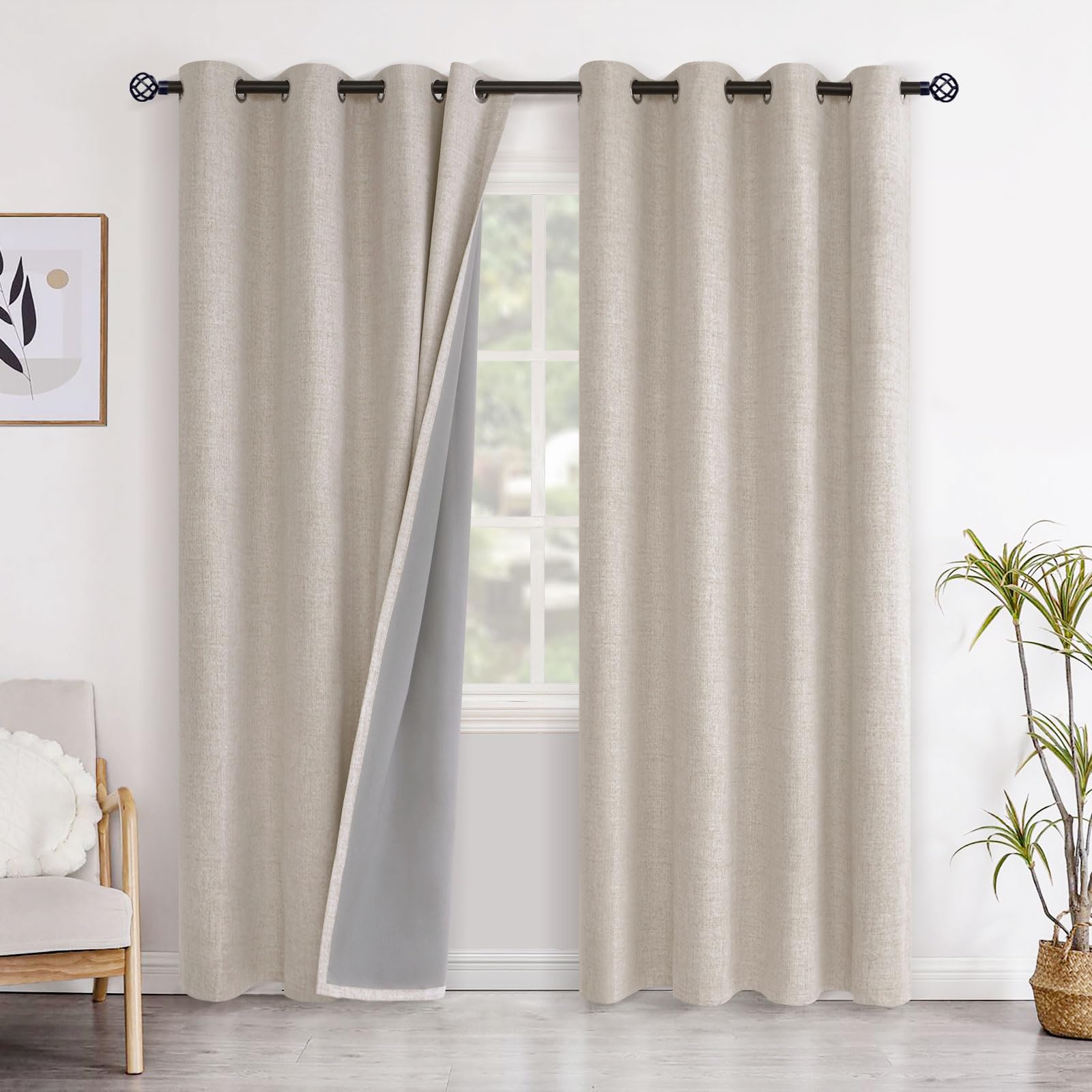 YoungsTex Linen Blackout Curtains 63 Inch Length for Bedroom, Room Darkening Window Drapes with Grommet Thermal Insulated Black Out Blinds for Living Room, 2 Panels, 52 X 63 Inch, Beige