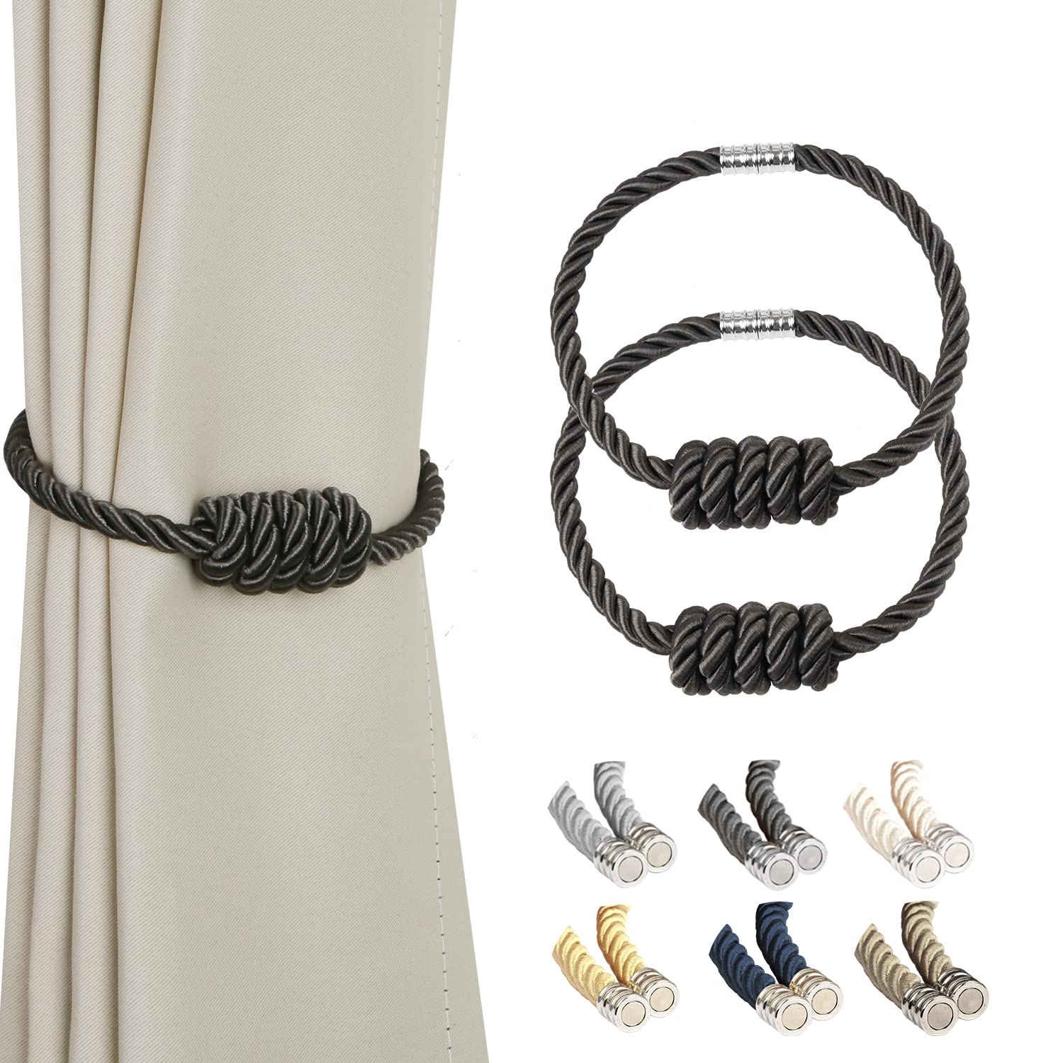BEL AVENIR Magnetic Jute Curtain Tiebacks, Decorative Drapery Holdbacks Bohemian Style Woven Tie-Backs with Exquisite Knot (Jute, 2 Pack)