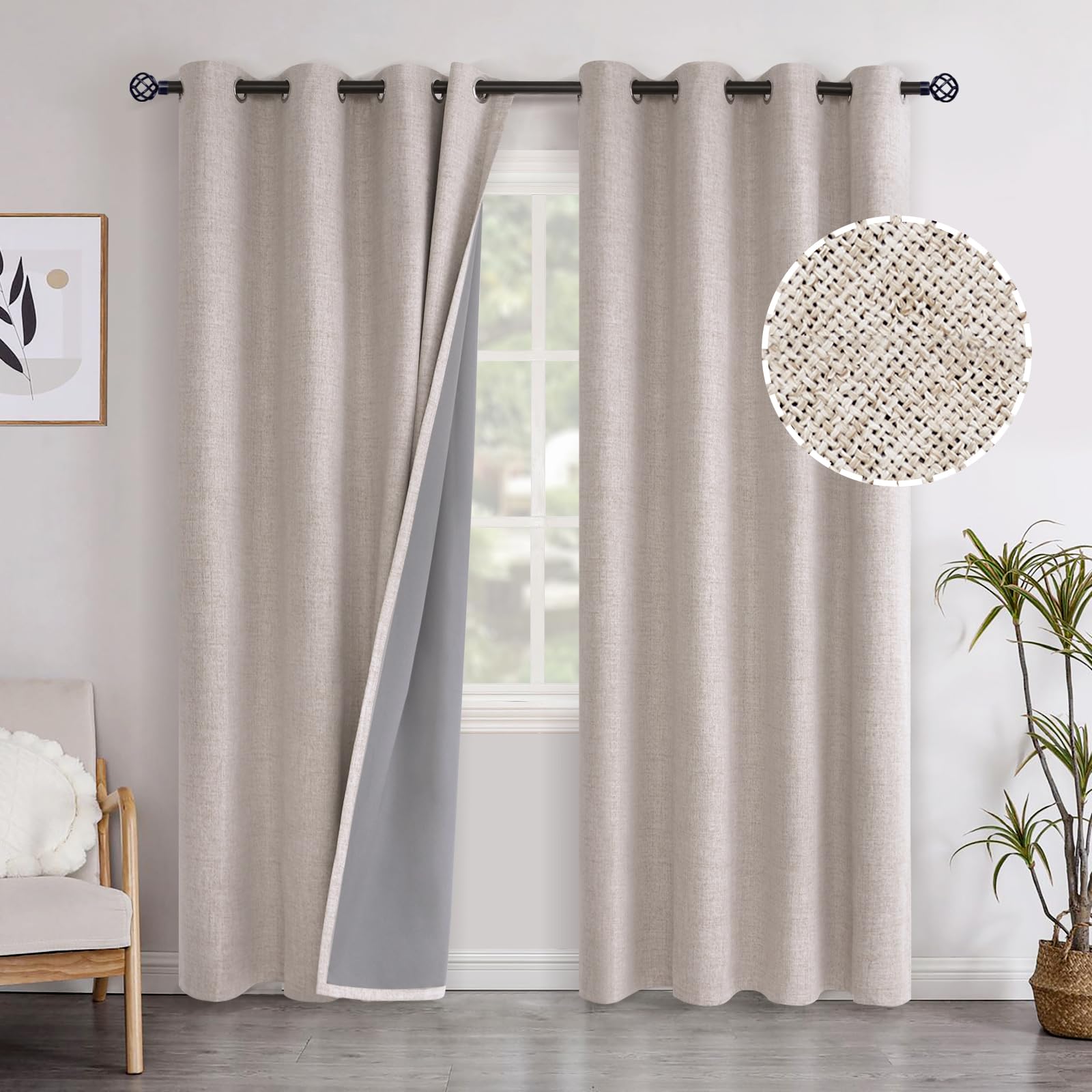 YoungsTex Linen Blackout Curtains 63 Inch Length for Bedroom, Room Darkening Window Drapes with Grommet Thermal Insulated Black Out Blinds for Living Room, 2 Panels, 52 X 63 Inch, Beige