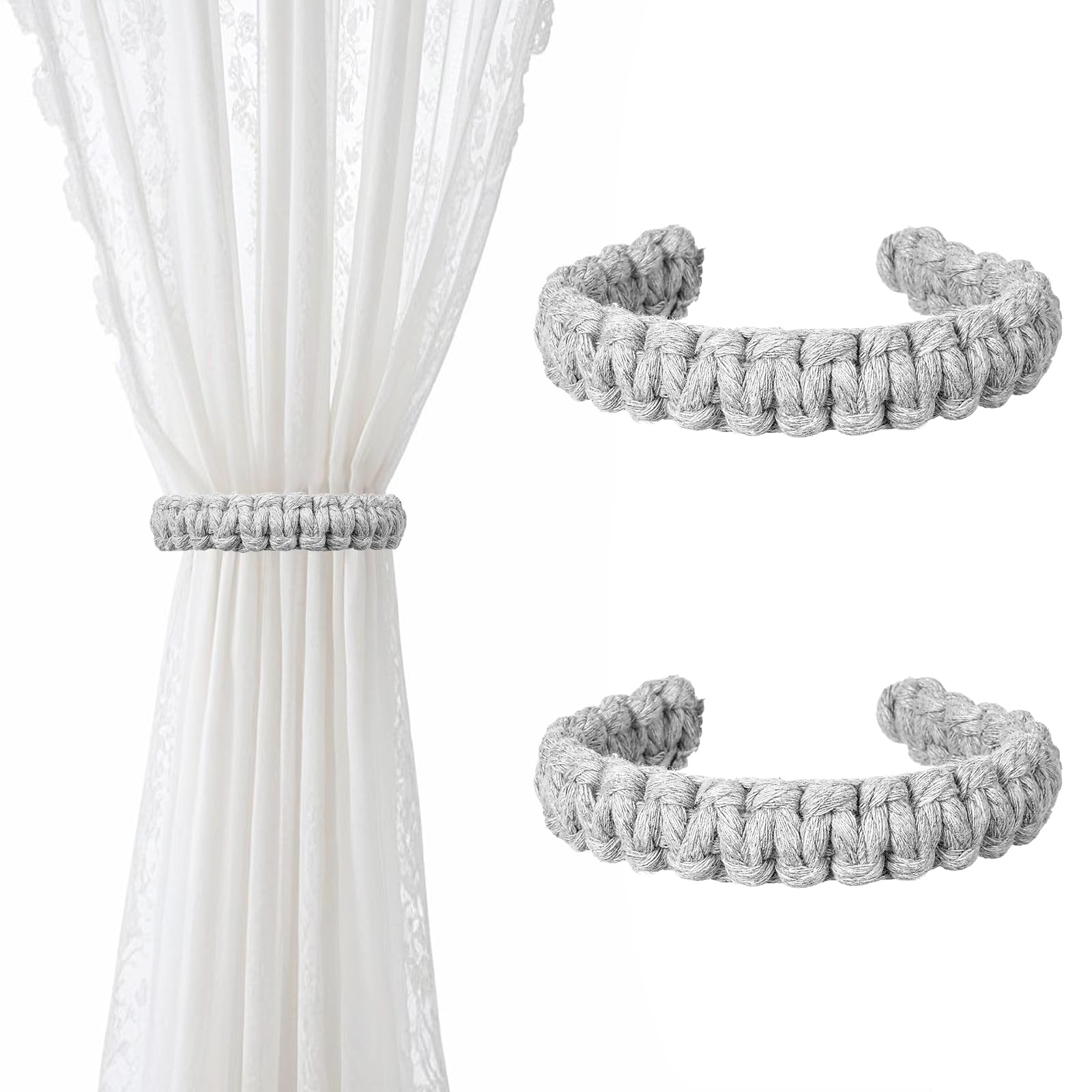 Ptwola 4 Pack Braided Curtain Tiebacks Boho Elegant Rustic Curtain Holdbacks Tie Backs Holders Set Simple Light Weight Drapes Decorative Accessories Handmade for Home Office Bedroom Window (4, Linen)