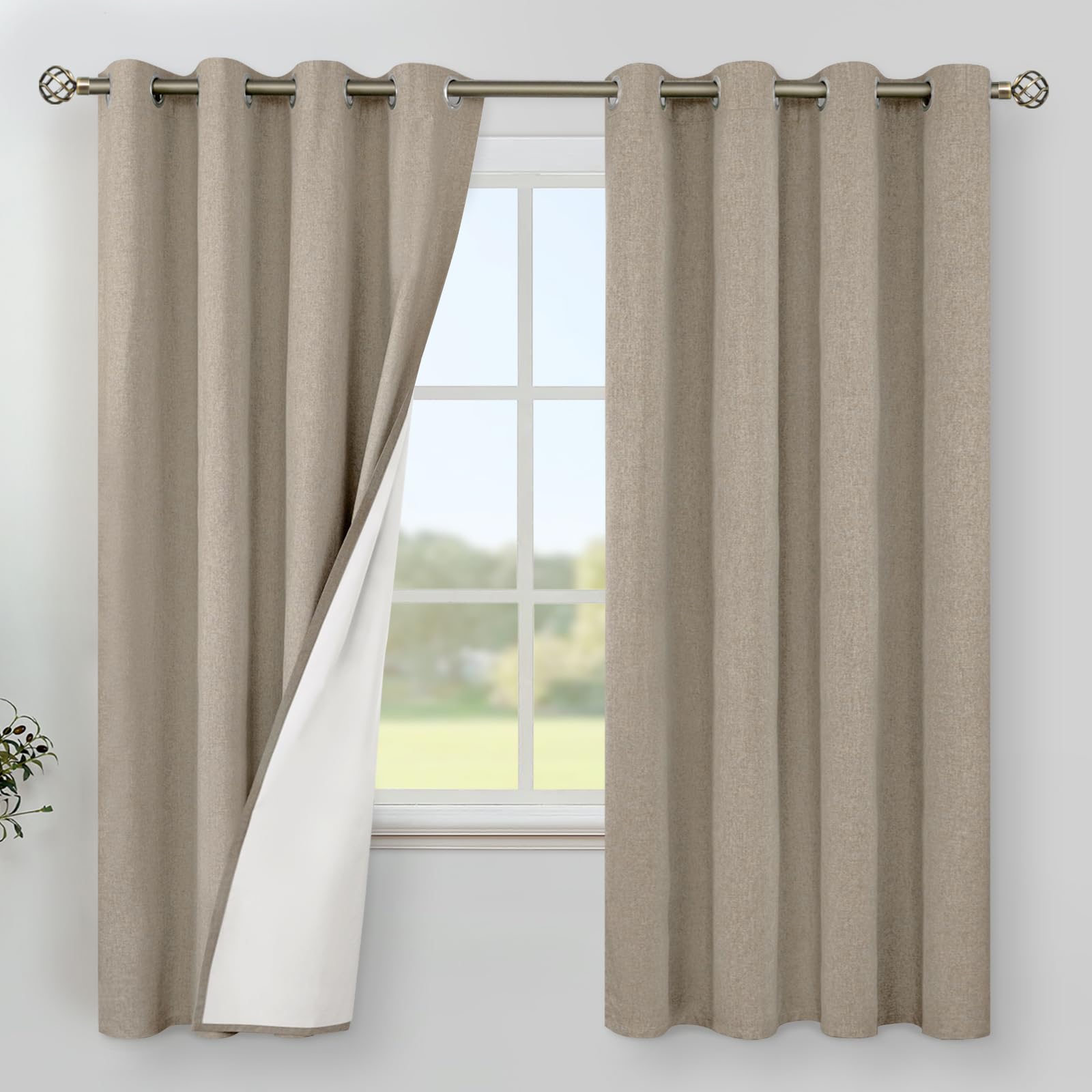 YoungsTex Linen Blackout Curtains 63 Inches Long for Bedroom, Room Darkening Window Drapes with Grommet Thermal Insulated Black Out for Living Room, 2 Panels, 52 X 63 Inch