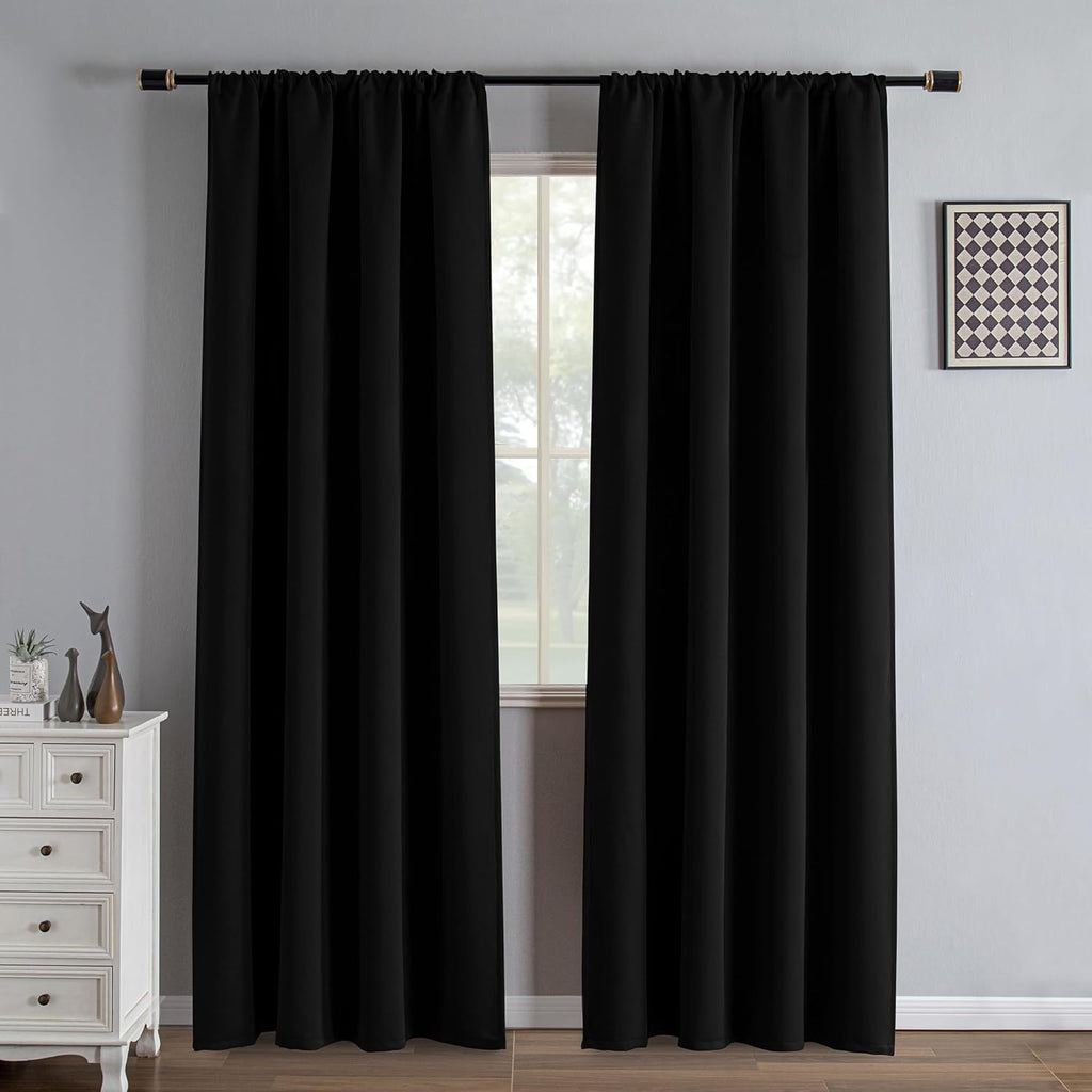 IGEMAEVE Black 100% Blackout Curtains 84 Inch Length 2 Panels Set, Black Out Curtains for Bedroom 84 Inch Long, Rod Pocket Energy Saving Room Darkening Drapes for Living Room Dining Room Window