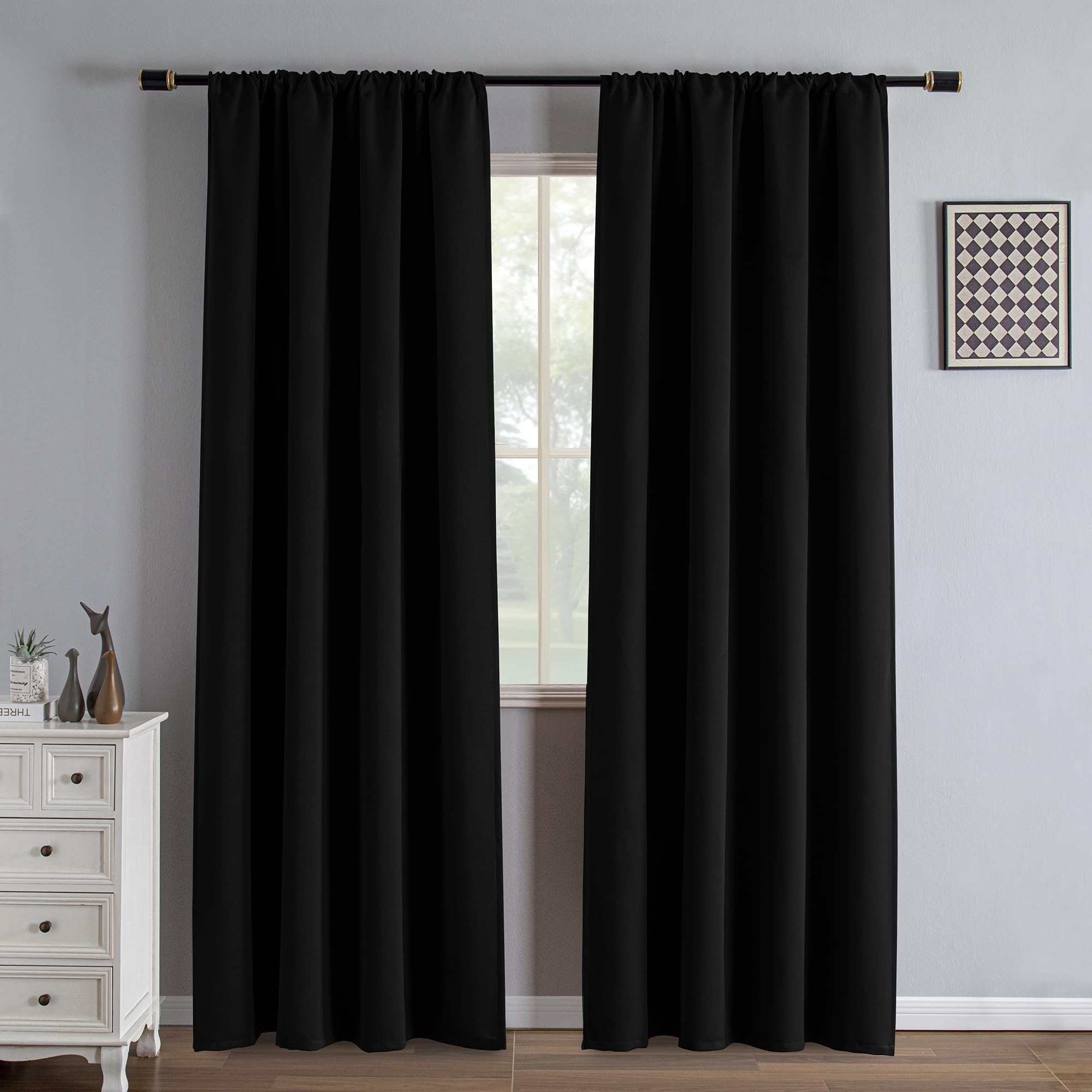 IGEMAEVE Black 100% Blackout Curtains 84 Inch Length 2 Panels Set, Black Out Curtains for Bedroom 84 Inch Long, Rod Pocket Energy Saving Room Darkening Drapes for Living Room Dining Room Window