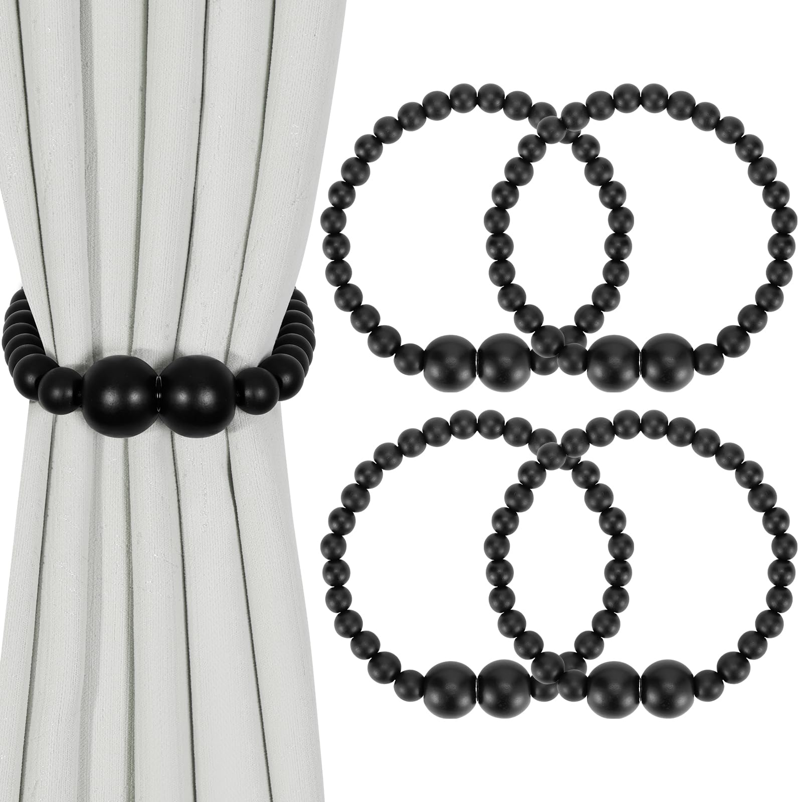 Magnetic Curtain Tiebacks, 2 Pack Curtain Holdbacks for Draperies, Wood Bead Curtain Tiebacks, Elegant Curtain Tie Backs for Bedroom Decor, Boho Room Decor, Nursery Decor, Farmhouse Decor