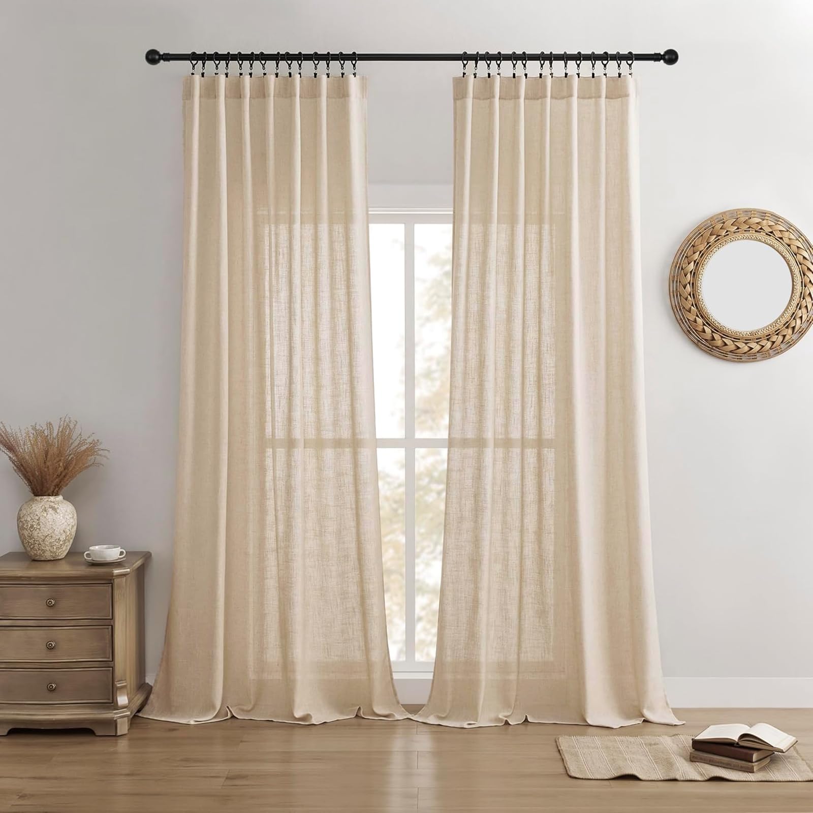 Joydeco Curtains, 108 Inches Long, 2 Panels Set, Farmhouse Drapes for Living Room, Semi-Blackout, Linen-Polyester, Ivory on Linen, Rod Pocket