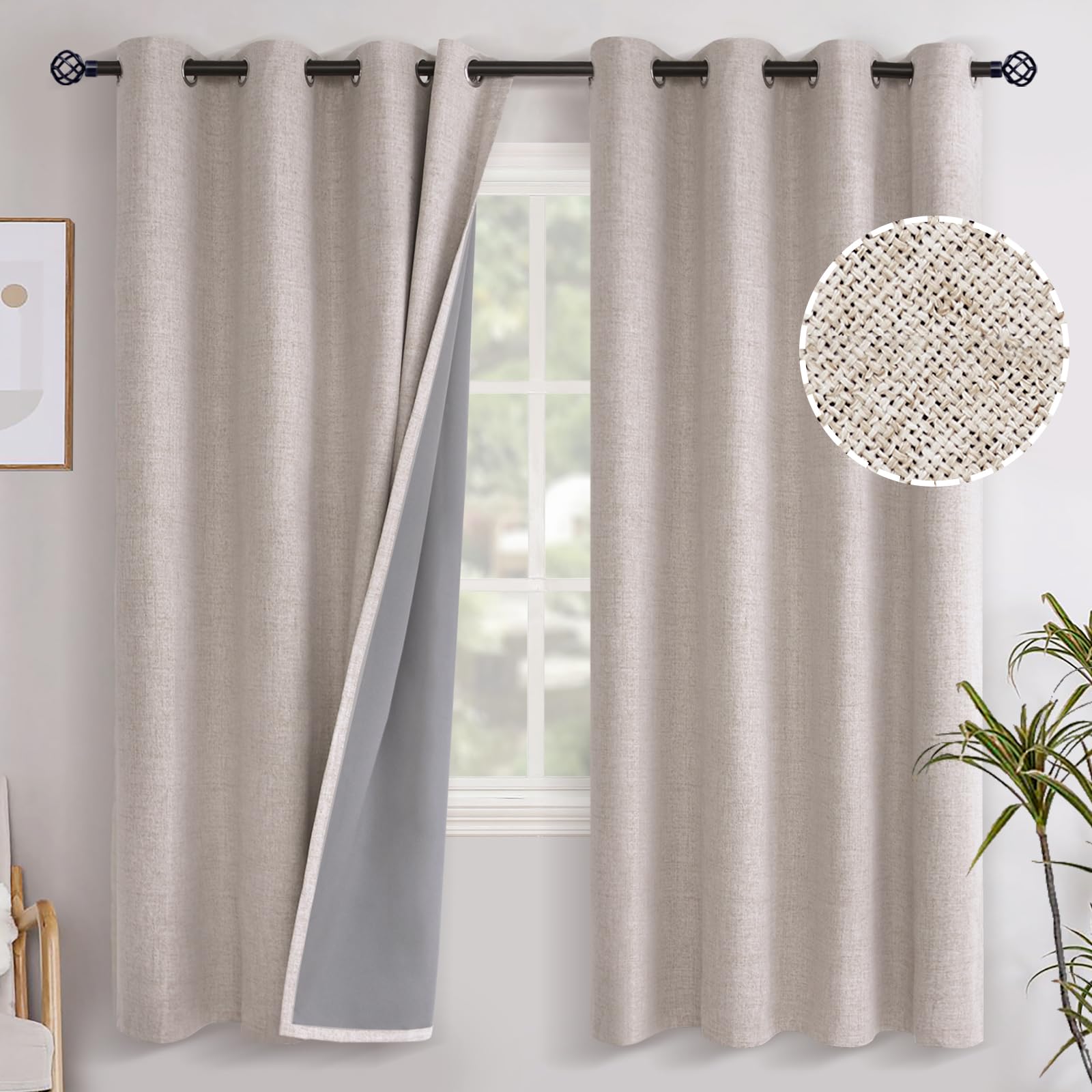 YoungsTex Linen Blackout Curtains 63 Inch Length for Bedroom, Room Darkening Window Drapes with Grommet Thermal Insulated Black Out Blinds for Living Room, 2 Panels, 52 X 63 Inch, Beige