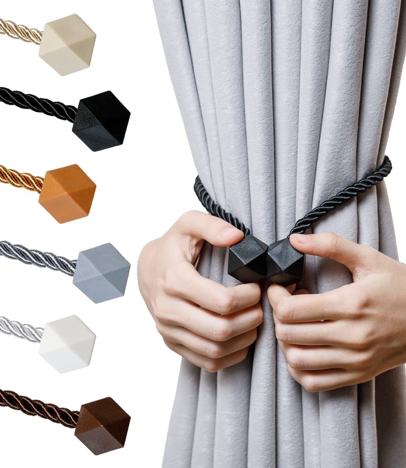 NazTur Magnetic Curtain Tiebacks- Upgrade 2022 with a Thicker Twist Rope & Strong Magnet Tieback Window Treatment Holdbacks Draperies Holders Decorative Drape Handmade Tie Back (Black, 2)