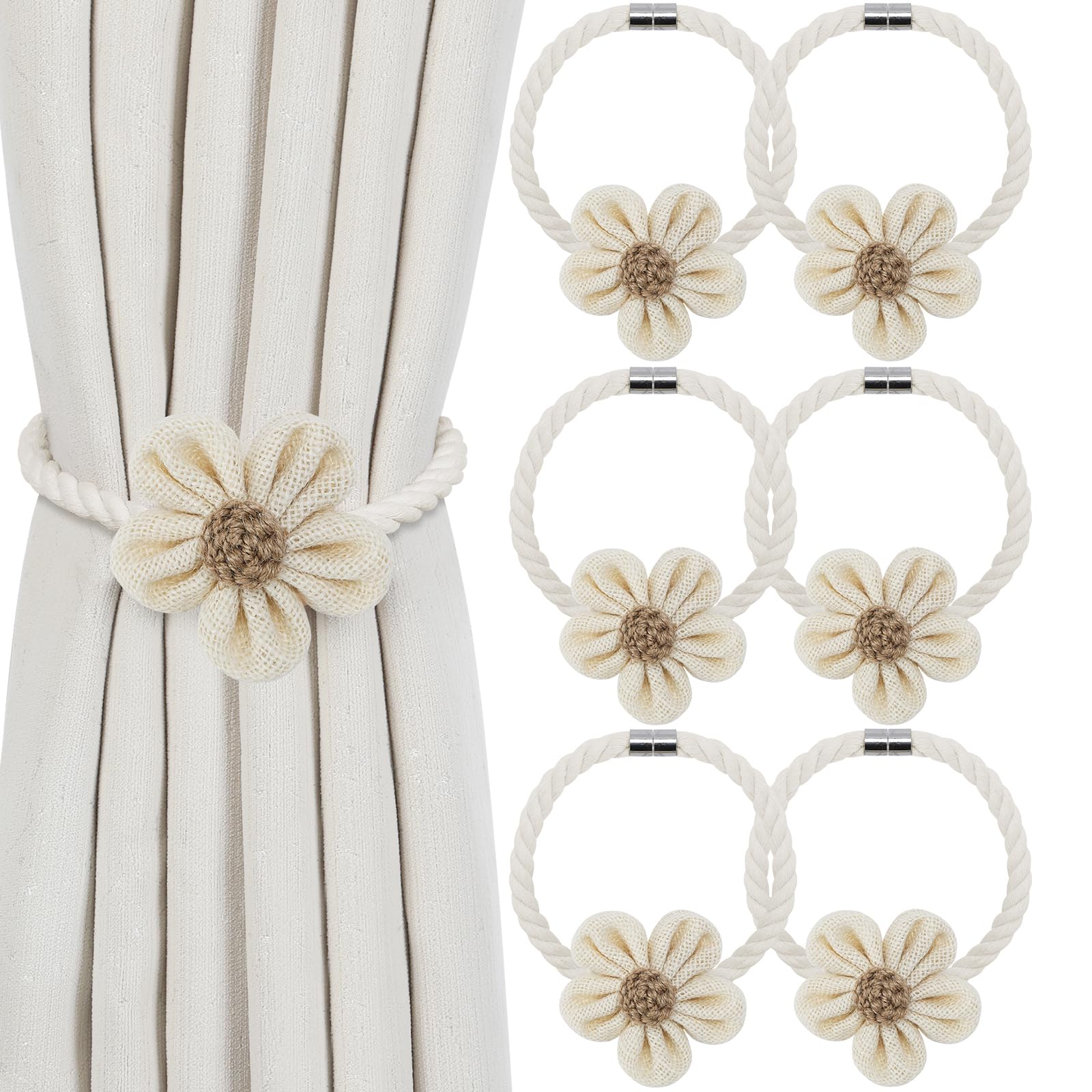 KLOGTSIND Flower Curtain Tiebacks, 2 Pack Boho Curtain Ties Elegant DIY Curtain Holdbacks, Decorative Window Drape Twist Tie Backs for Bedroom Decor, Nursery Decor, Farmhouse Decor