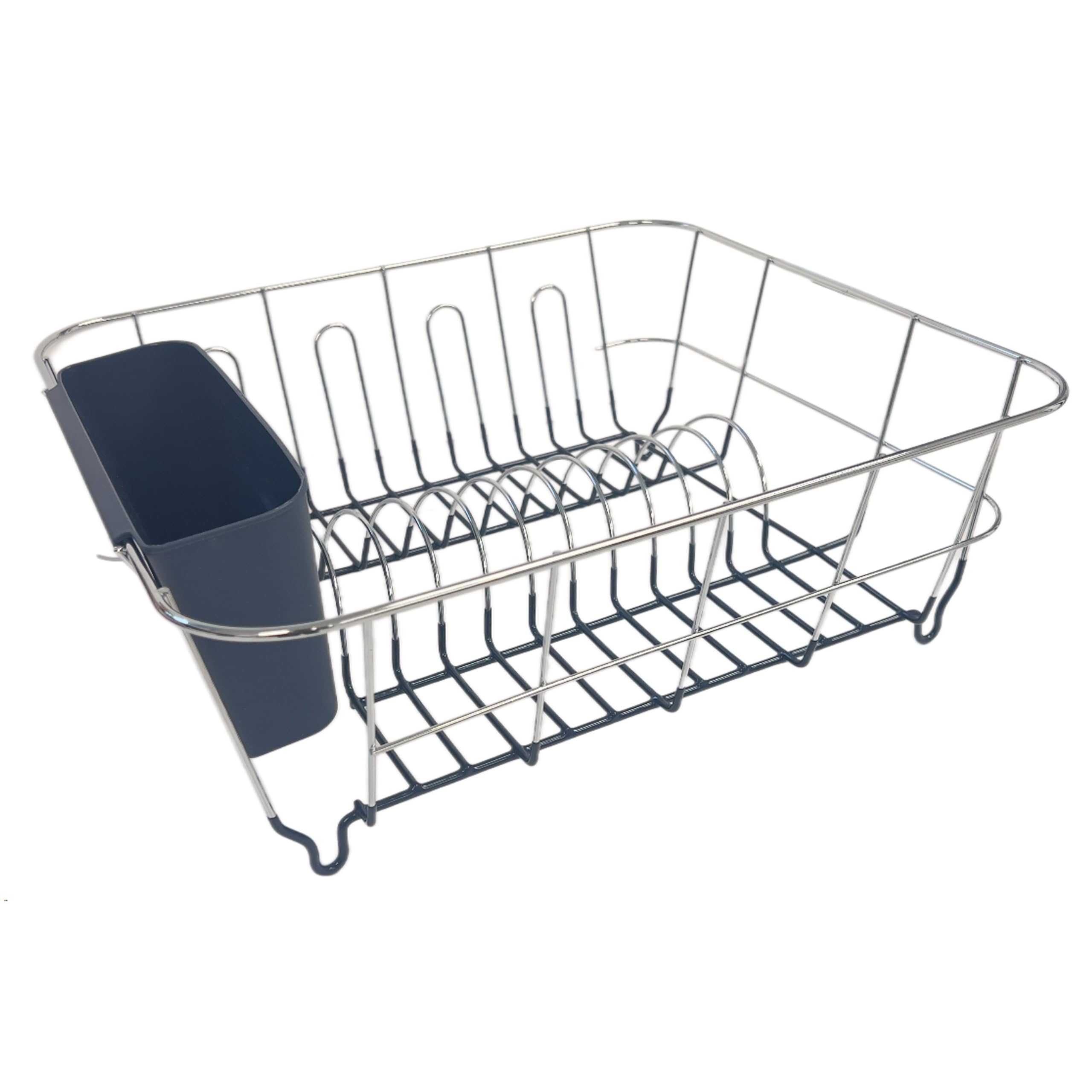Dish Drying Rack & Cutlery Holder 2 Piece Set - Compact Sink-Fitting Dish Drainer with Rubberized Undercoating, Space-Saving Kitchen Organizer for Plates, Cups, Bowls & Utensils in Sink, Silver
