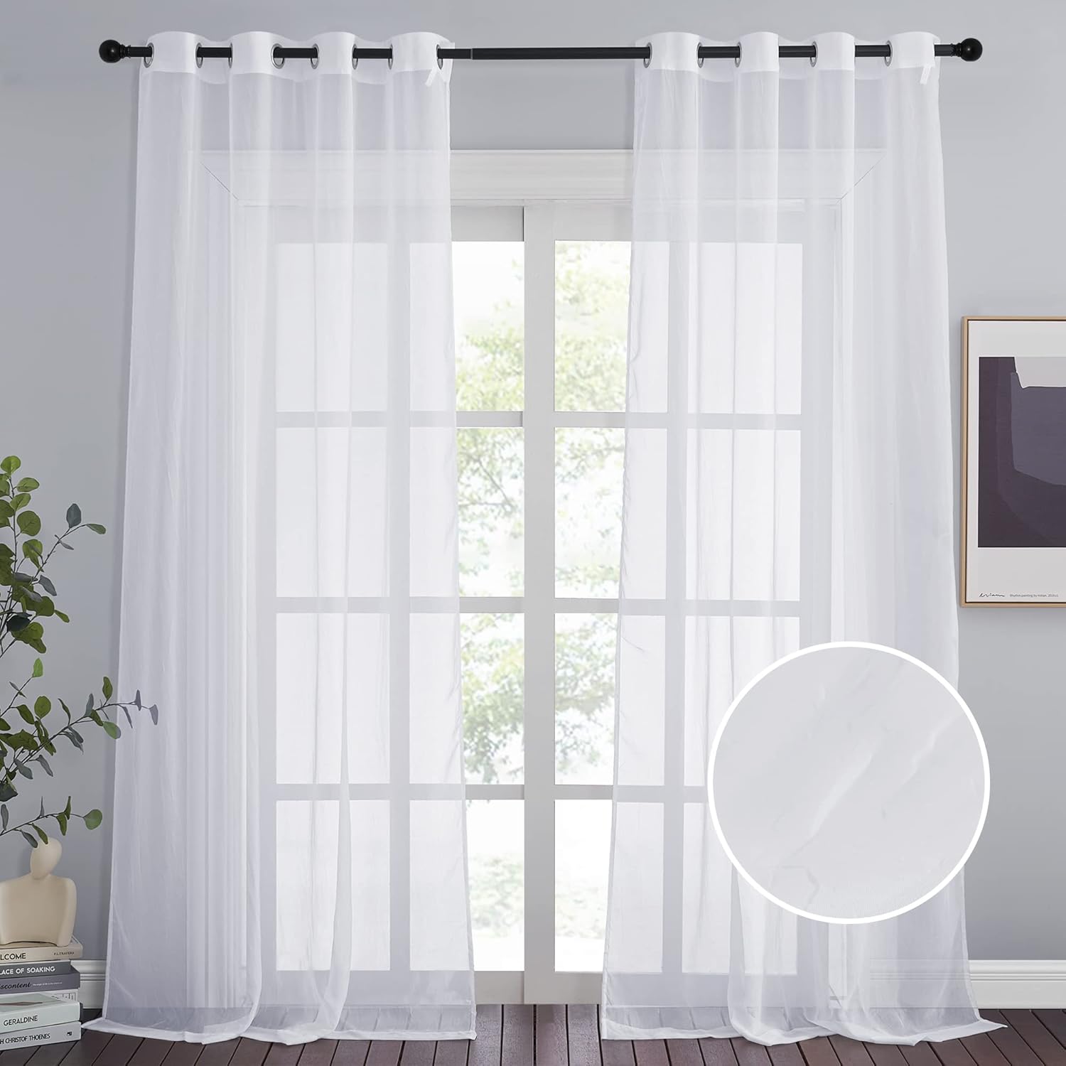NICETOWN Crushed Voile Sheer Curtains for Big Windows, Grommet Top Crinkled Sheer Voile Window Treatment Light and Airy Drapes for Parlor/Porch (Set of 2, 52" Width x 95" Length, White)