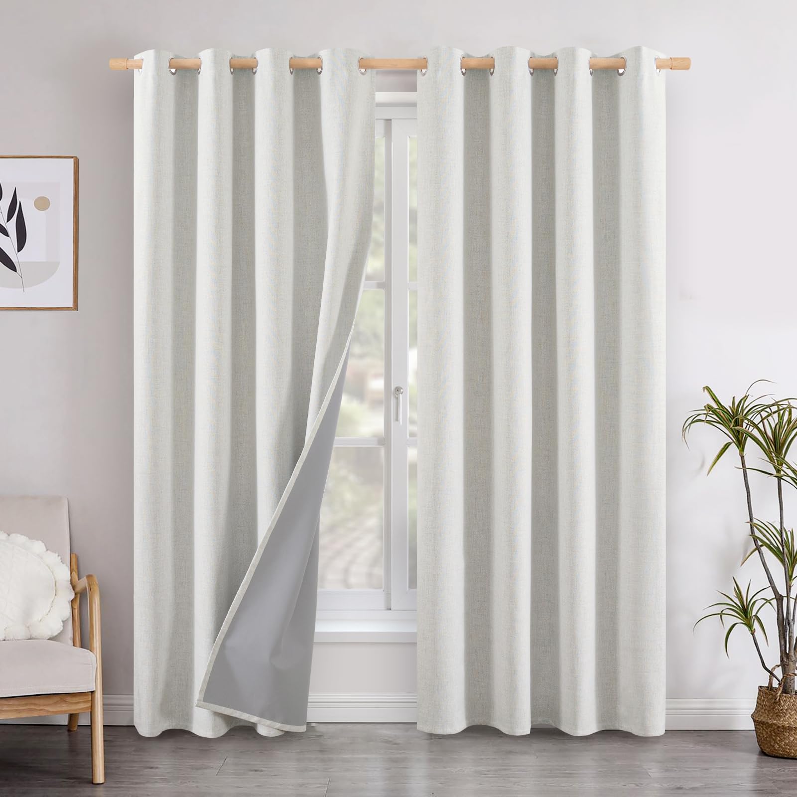 YoungsTex Linen Blackout Curtains 63 Inch Length for Bedroom, Room Darkening Window Drapes with Grommet Thermal Insulated Black Out Blinds for Living Room, 2 Panels, 52 X 63 Inch, Beige