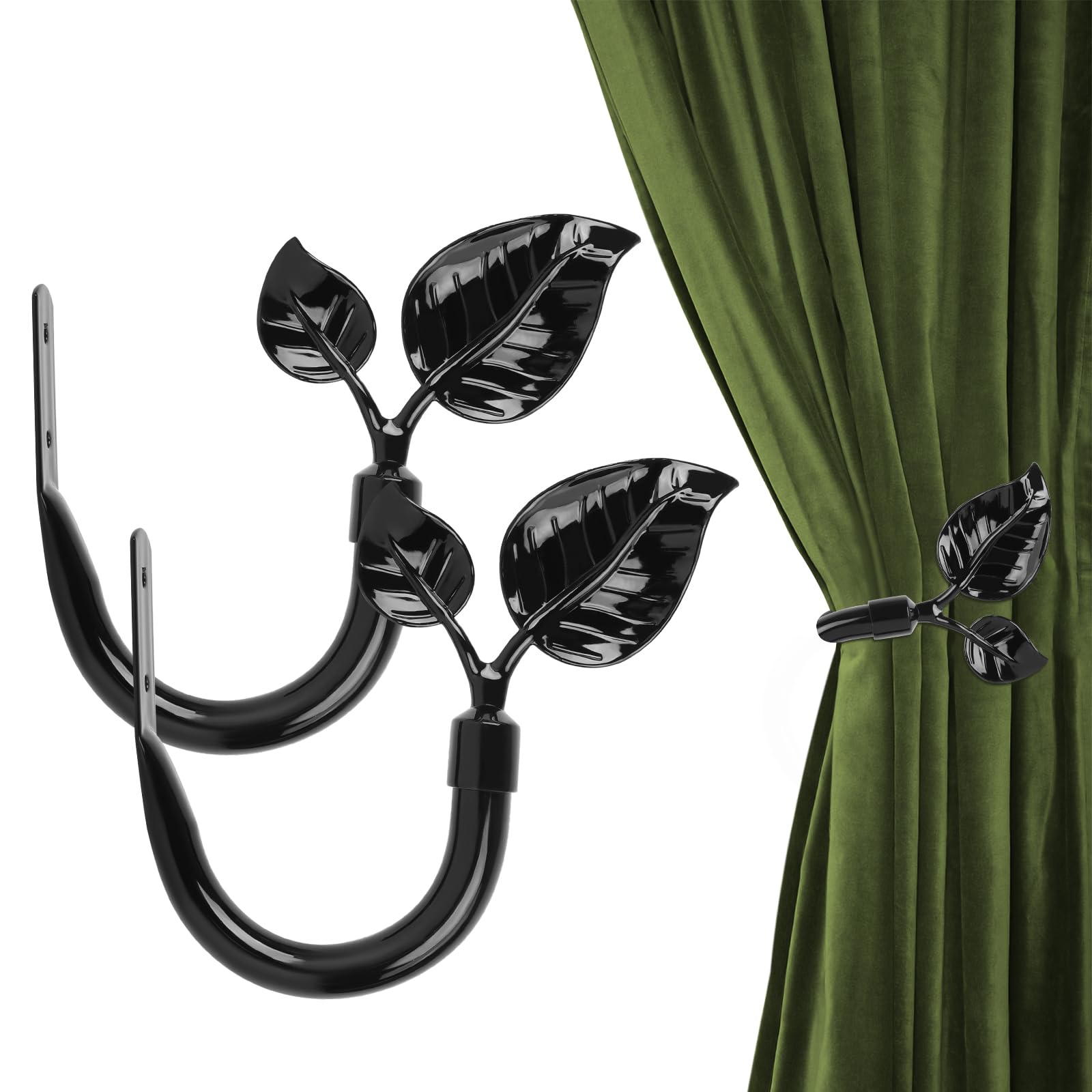 HIKMLK Leaf Shaped Curtain Tieback Holdbacks 2pcs, Handmade Metal Curtain Side Holders for Wall, Curtain Hook Pull Backs for Drapes Window Decoration