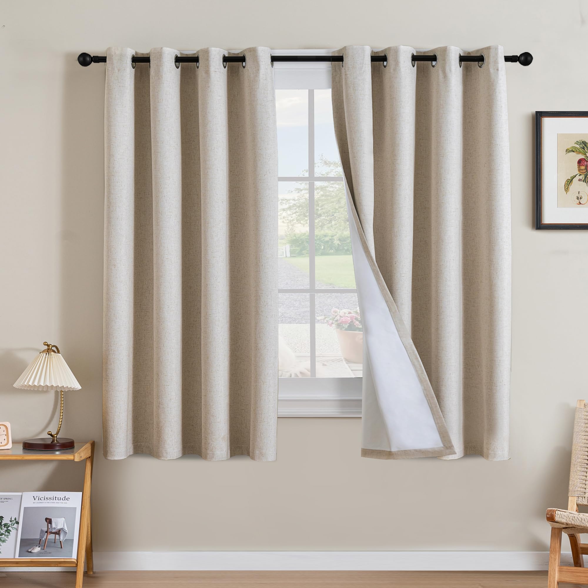 H.VERSAILTEX 100% Blackout Curtains Ivory, Linen Blackout Curtains 96 inch Curtains 2 Panel Set, Elegant Curtain for Bedroom Grommet Drapes for Living Room