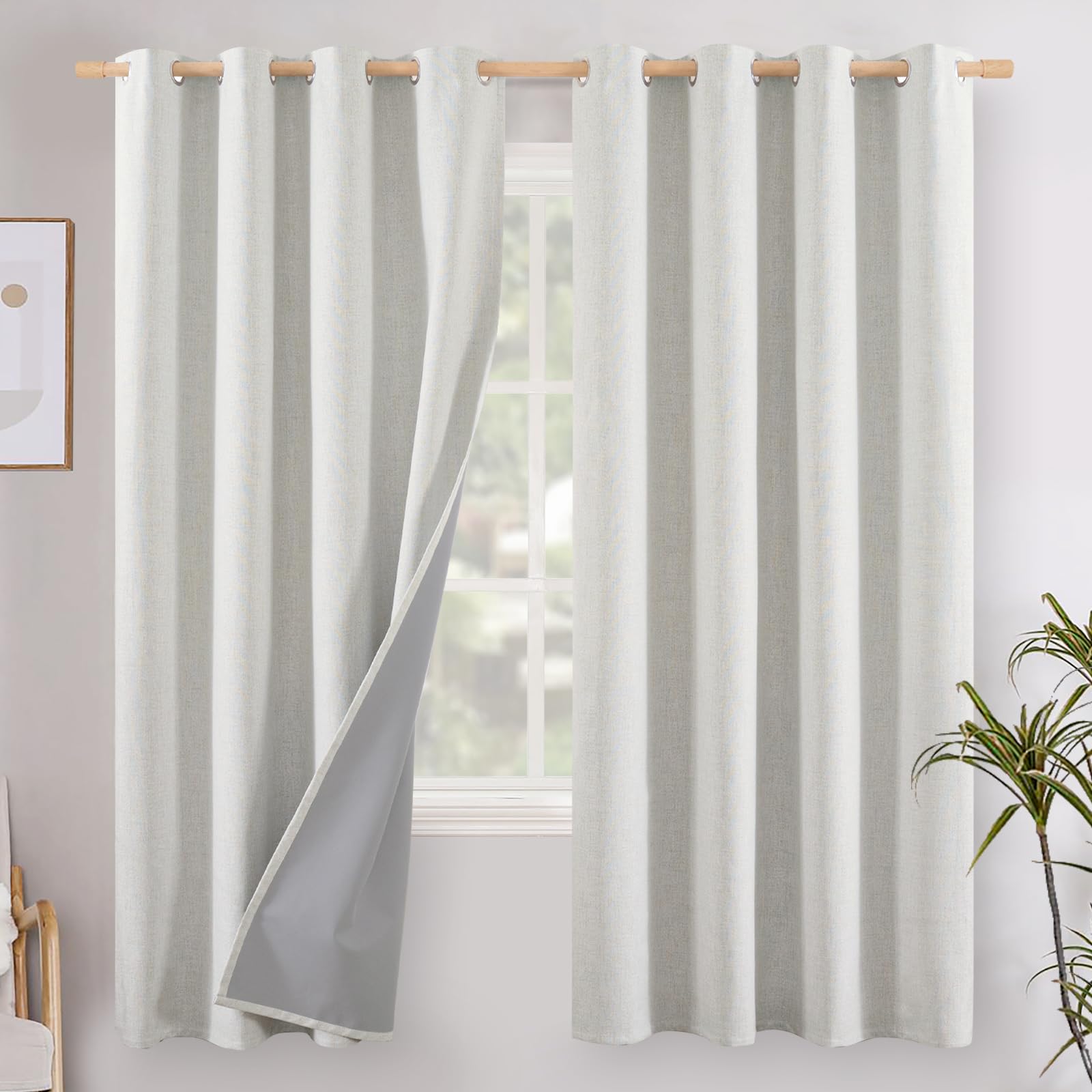 YoungsTex Linen Blackout Curtains 63 Inch Length for Bedroom, Room Darkening Window Drapes with Grommet Thermal Insulated Black Out Blinds for Living Room, 2 Panels, 52 X 63 Inch, Beige