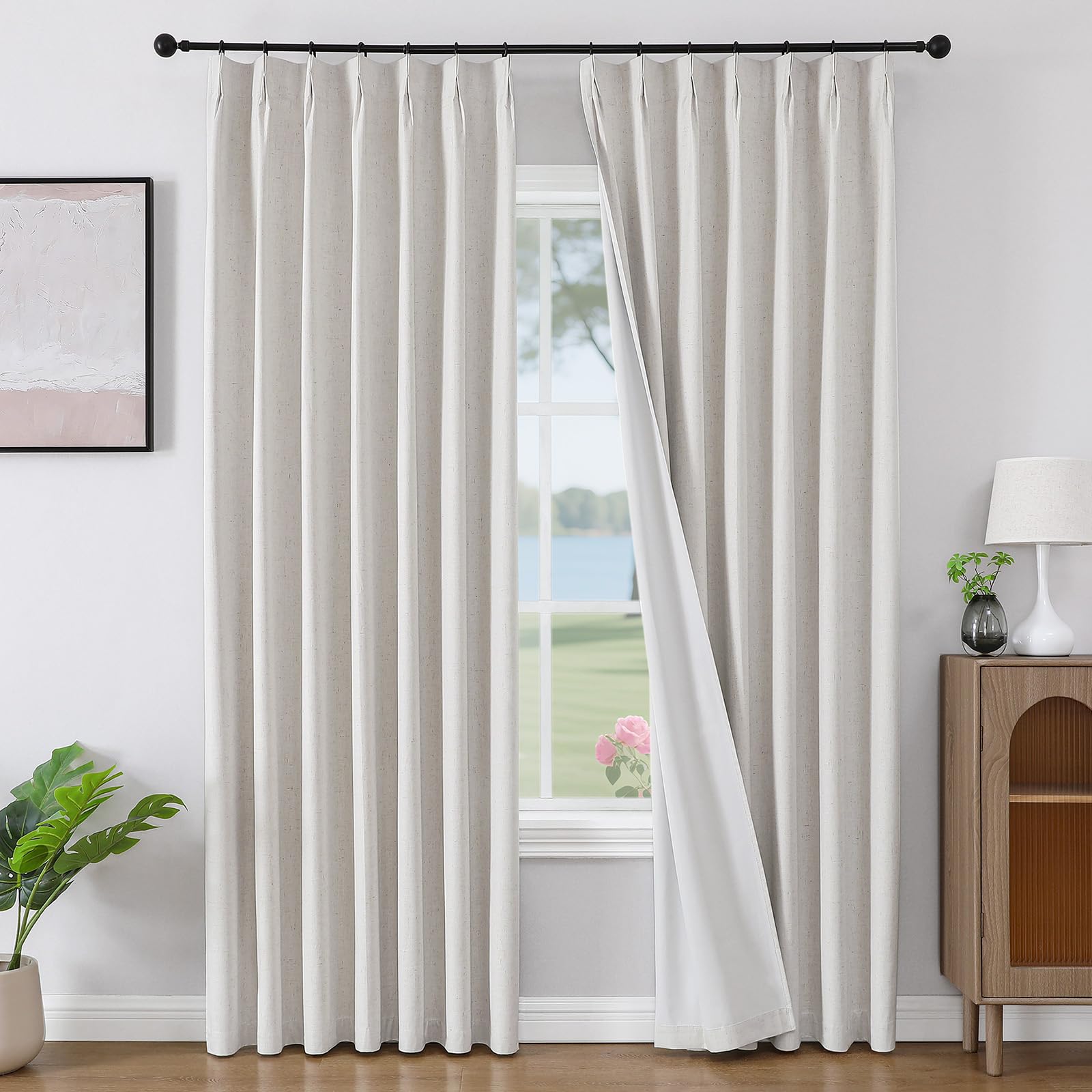 Joydeco Curtains, 108 Inches Long, 2 Panels Set, Farmhouse Drapes for Living Room, Semi-Blackout, Linen-Polyester, Ivory on Linen, Rod Pocket