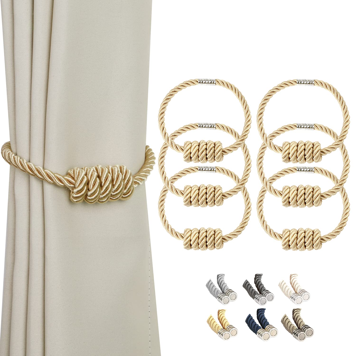 BEL AVENIR Magnetic Jute Curtain Tiebacks, Decorative Drapery Holdbacks Bohemian Style Woven Tie-Backs with Exquisite Knot (Jute, 2 Pack)