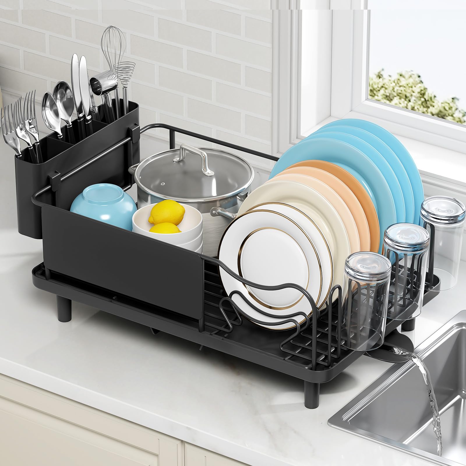 Dish Drying Rack Large Capacity - Stainless Steel Dish Rack for Kitchen Counter with Drain Board, Rustproof Dish Drainer with Auto Drain Spout Utensil Holder Glass Holder, Dinnerware Organizer, Gray