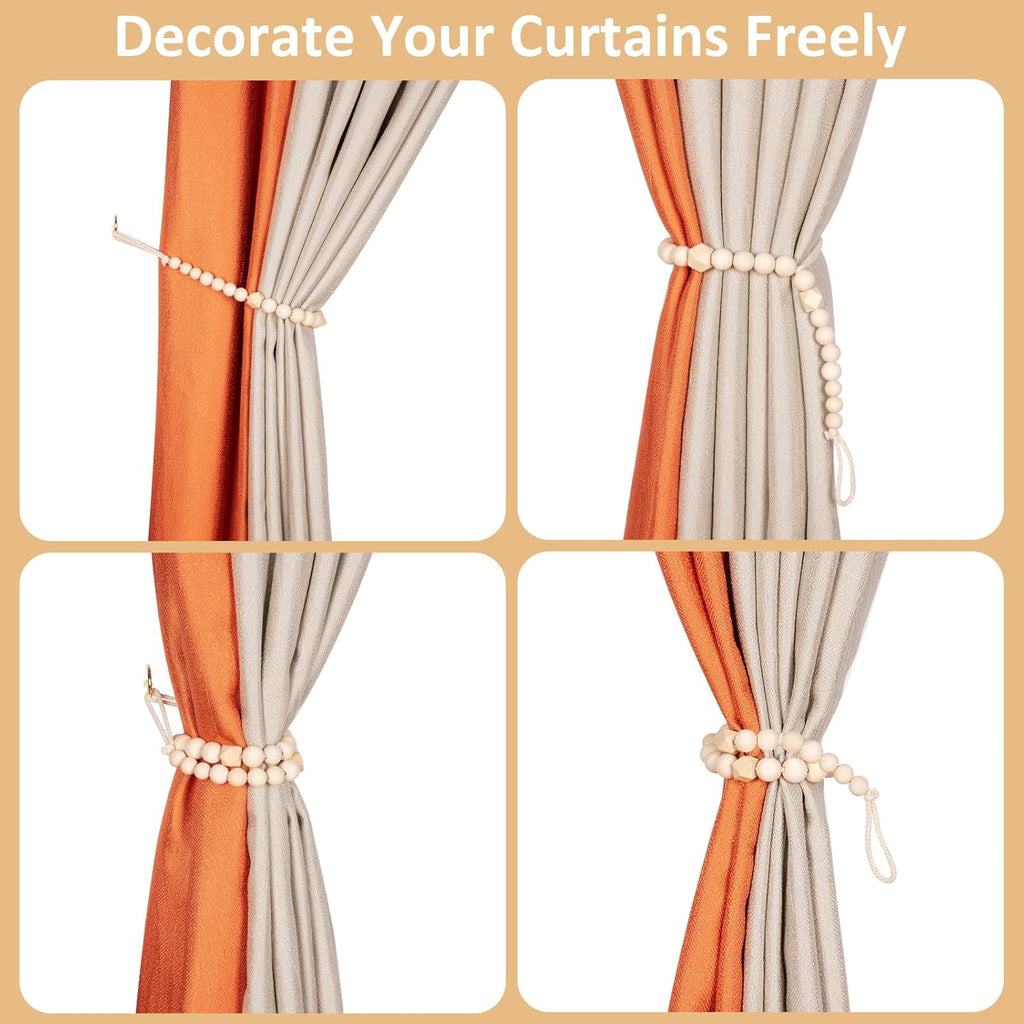 Wood Bead Curtain Tiebacks, KLOGTSIND Set of 2 Curtain Holdbacks for Thin or Thick Window Draperies, Boho Farmhouse Curtain Tiebacks with Hooks, Curtain Tie Backs for Home Office Room Decor