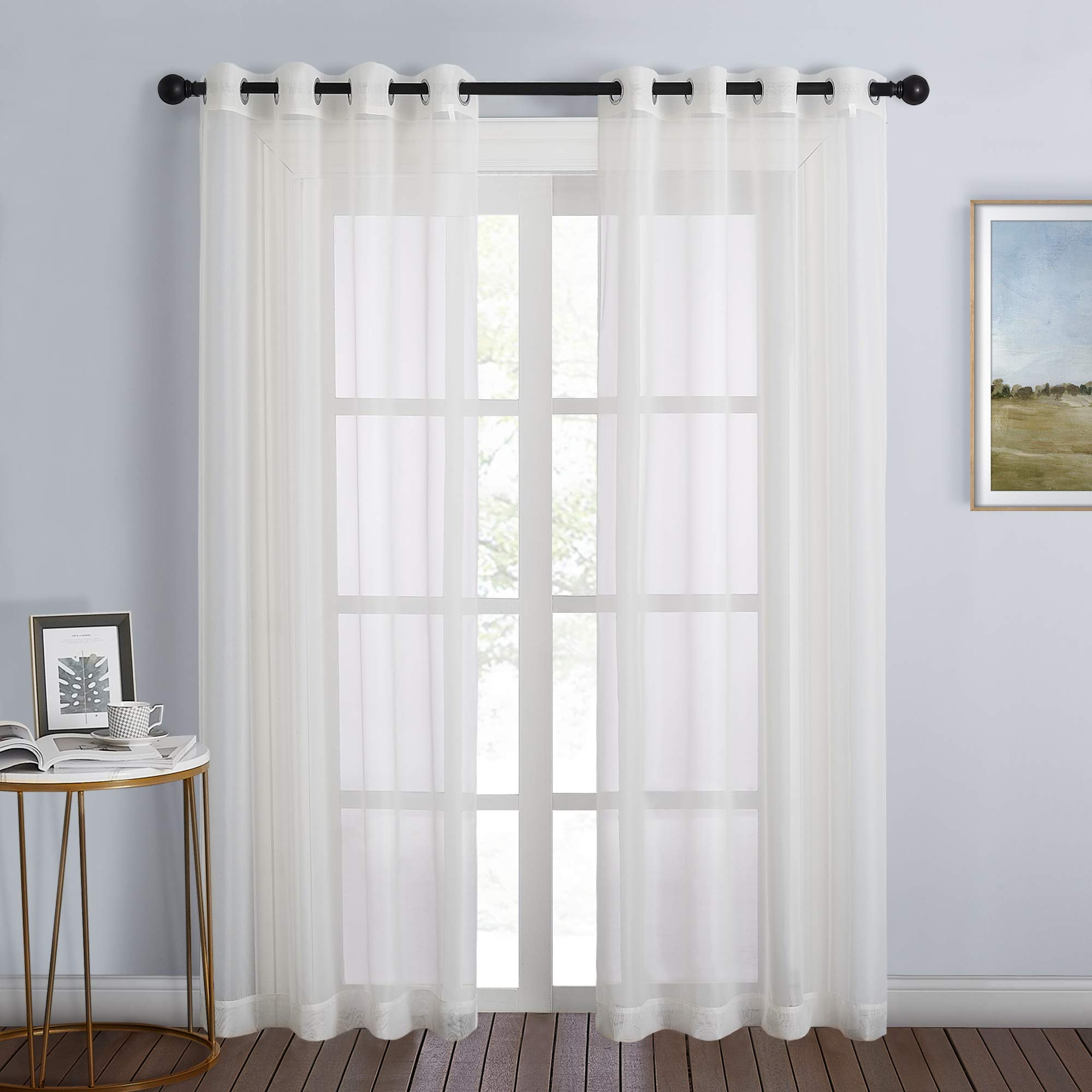 NICETOWN Sheer Curtains Panel 72" Long - Ring Top Window Treatment Sheer Voile Drapes for Bedroom/Living Room (White, Set of 2, W54 x L72)
